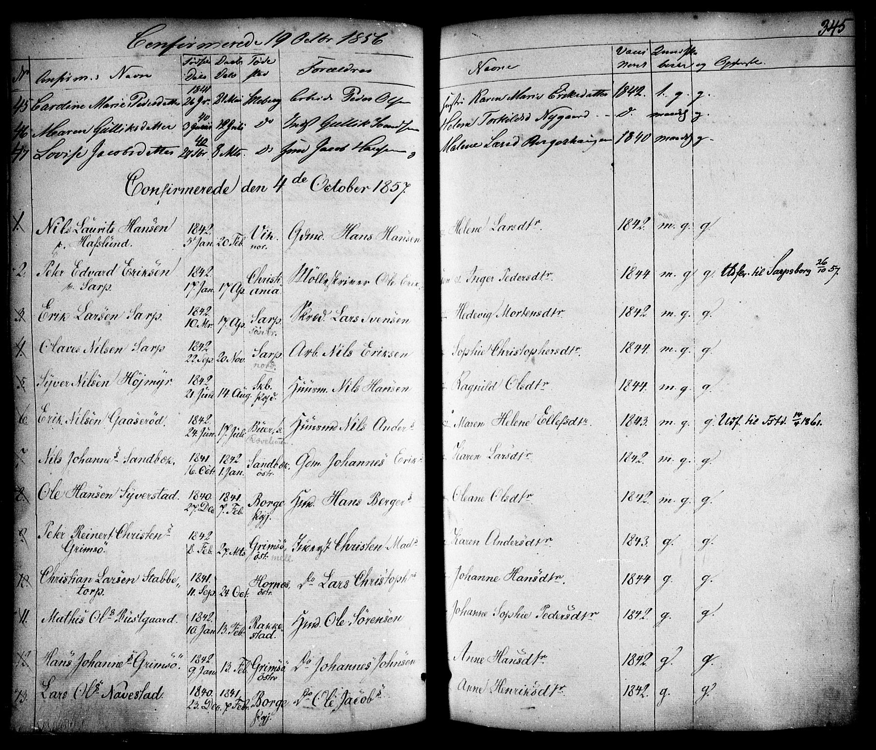 Skjeberg prestekontor Kirkebøker, AV/SAO-A-10923/F/Fa/L0006: Ministerialbok nr. I 6, 1846-1858, s. 345