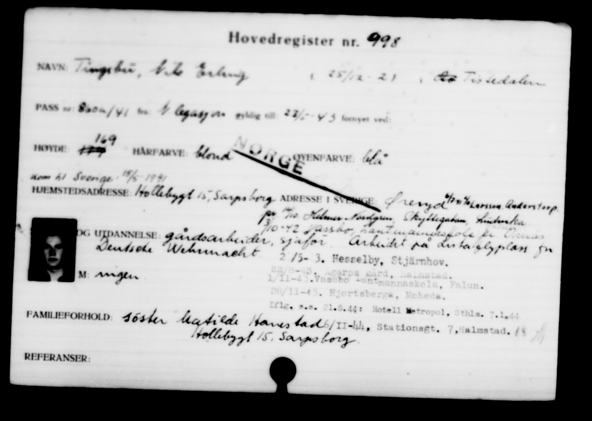 Utenriksstasjonene, Legasjonen i Stockholm, Flyktningkontoret, AV/RA-S-6753/V/Va/L0001: Kjesäterkartoteket, flyktninger med registreringsnr. 1-1000, 1940-1945, s. 1543