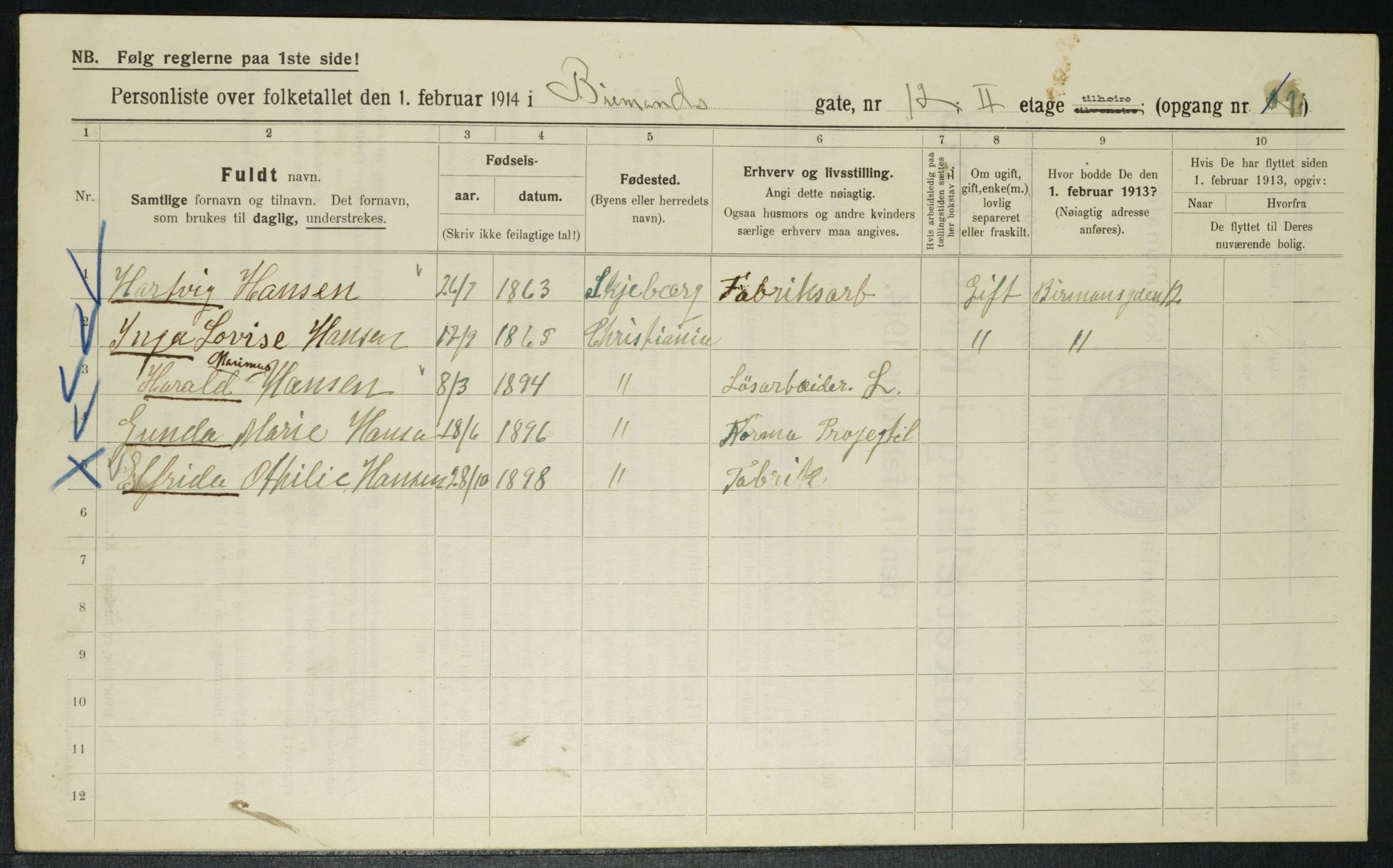 OBA, Kommunal folketelling 1.2.1914 for Kristiania, 1914, s. 4901