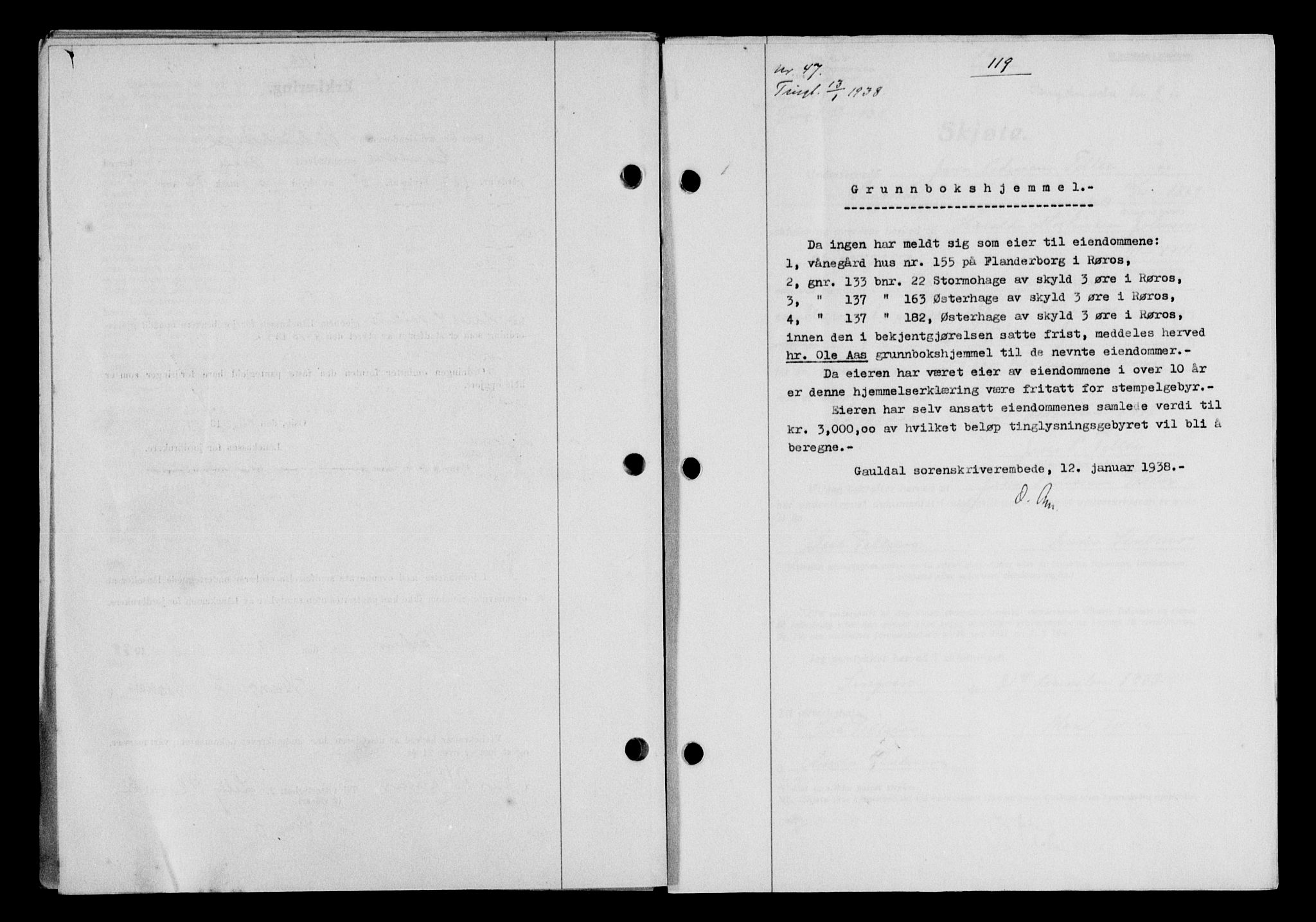 Gauldal sorenskriveri, SAT/A-0014/1/2/2C/L0048: Pantebok nr. 51-52, 1937-1938, s. 119, Dagboknr: 47/1938