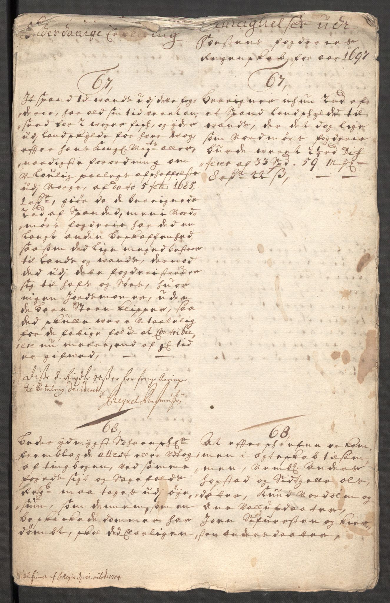 Rentekammeret inntil 1814, Reviderte regnskaper, Fogderegnskap, RA/EA-4092/R57/L3852: Fogderegnskap Fosen, 1697, s. 193