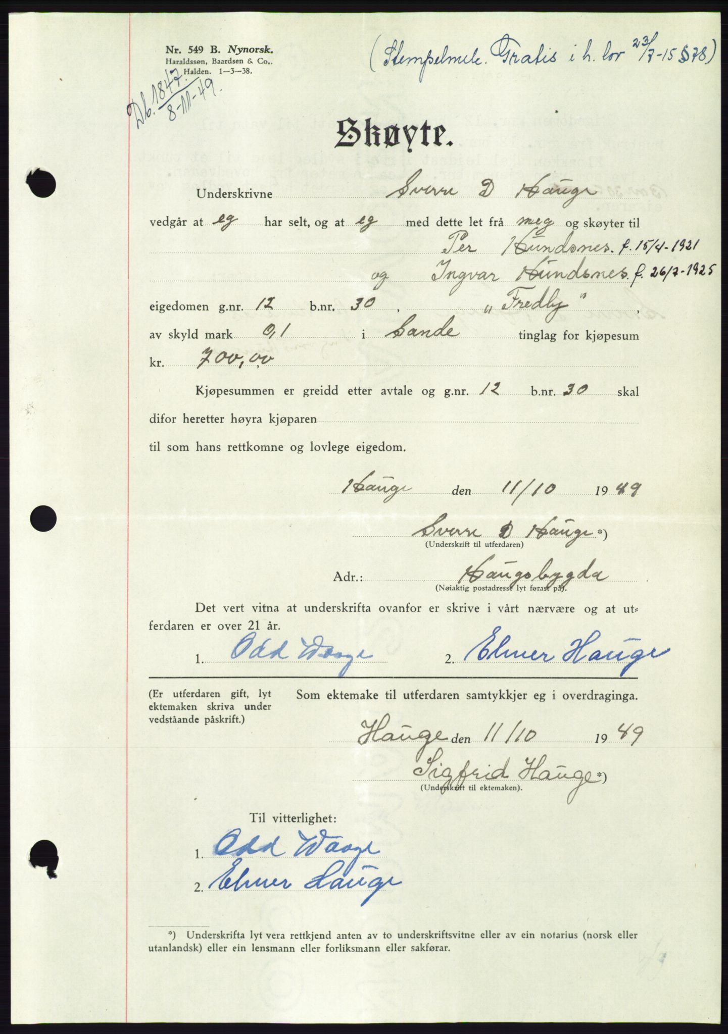 Søre Sunnmøre sorenskriveri, AV/SAT-A-4122/1/2/2C/L0085: Pantebok nr. 11A, 1949-1949, Dagboknr: 1847/1949