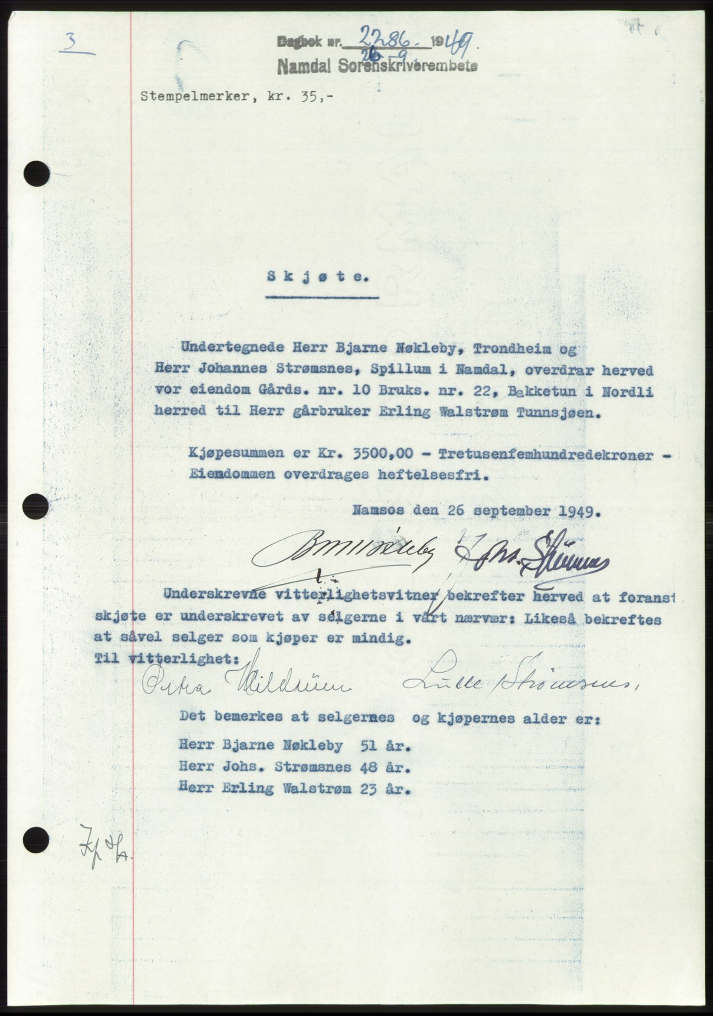 Namdal sorenskriveri, SAT/A-4133/1/2/2C: Pantebok nr. -, 1949-1949, Dagboknr: 2286/1949