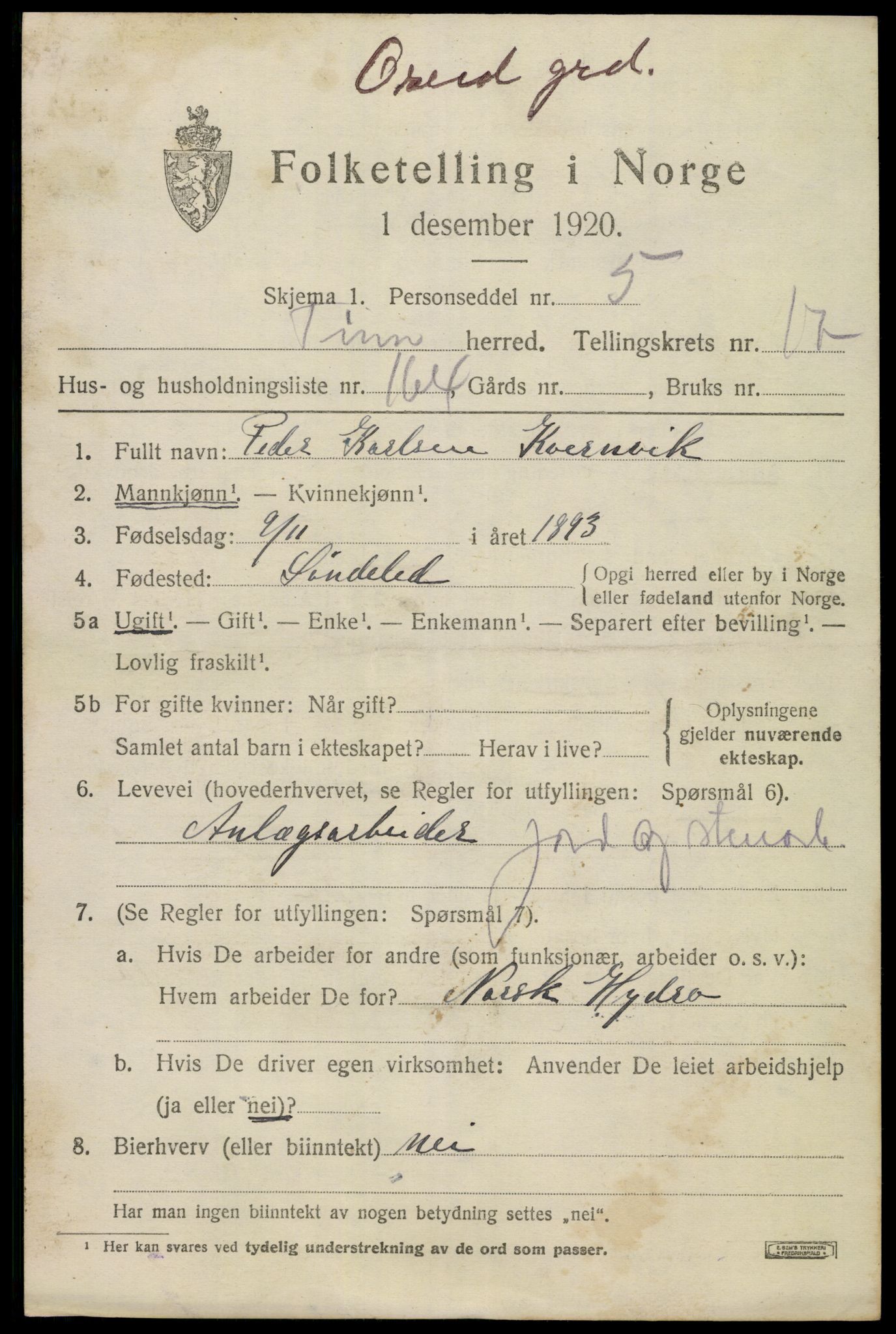 SAKO, Folketelling 1920 for 0826 Tinn herred, 1920, s. 22908