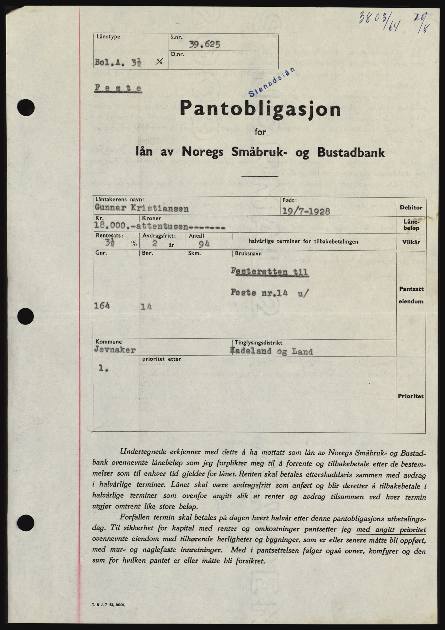 Hadeland og Land tingrett, SAH/TING-010/H/Hb/Hbc/L0055: Pantebok nr. B55, 1964-1964, Dagboknr: 3803/1964