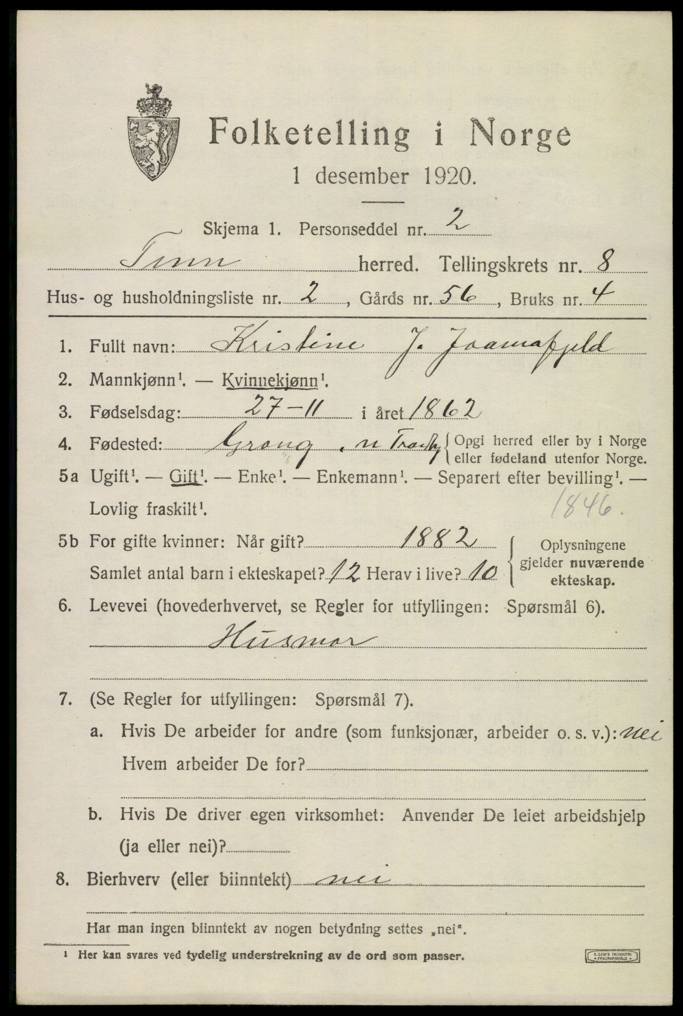 SAKO, Folketelling 1920 for 0826 Tinn herred, 1920, s. 5092