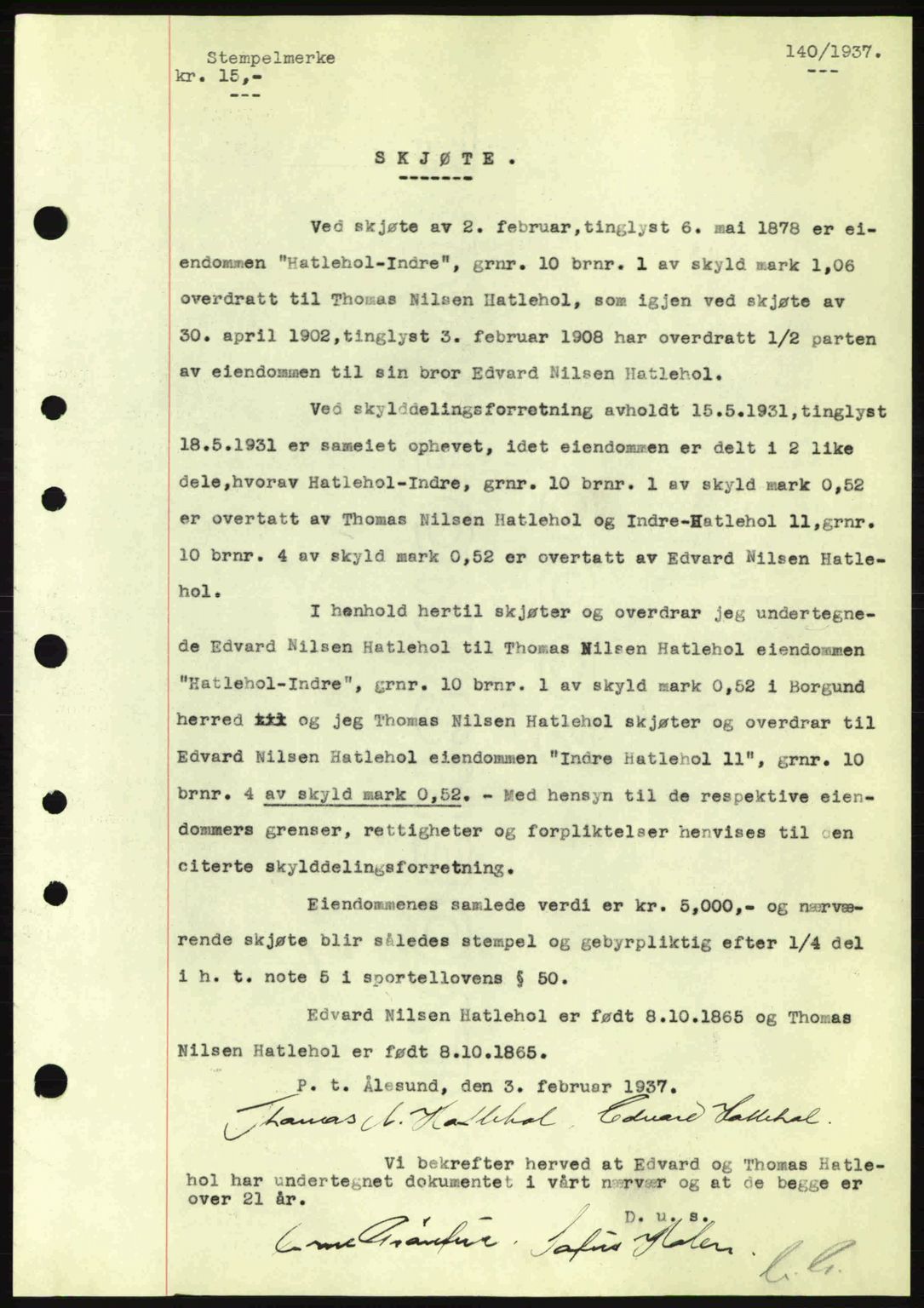 Nordre Sunnmøre sorenskriveri, SAT/A-0006/1/2/2C/2Ca: Pantebok nr. A2, 1936-1937, Dagboknr: 140/1937