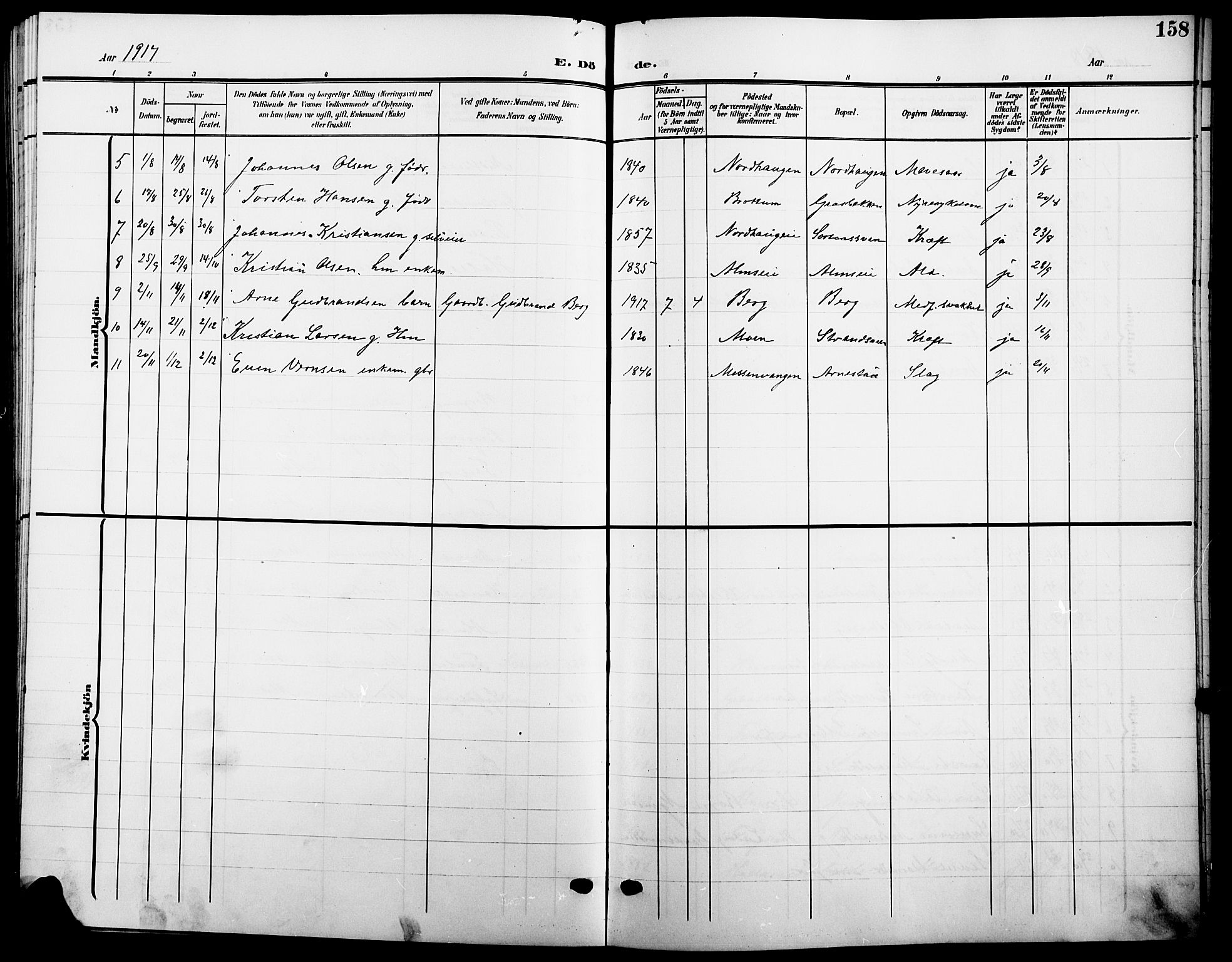 Ringsaker prestekontor, AV/SAH-PREST-014/L/La/L0016: Klokkerbok nr. 16, 1905-1920, s. 158