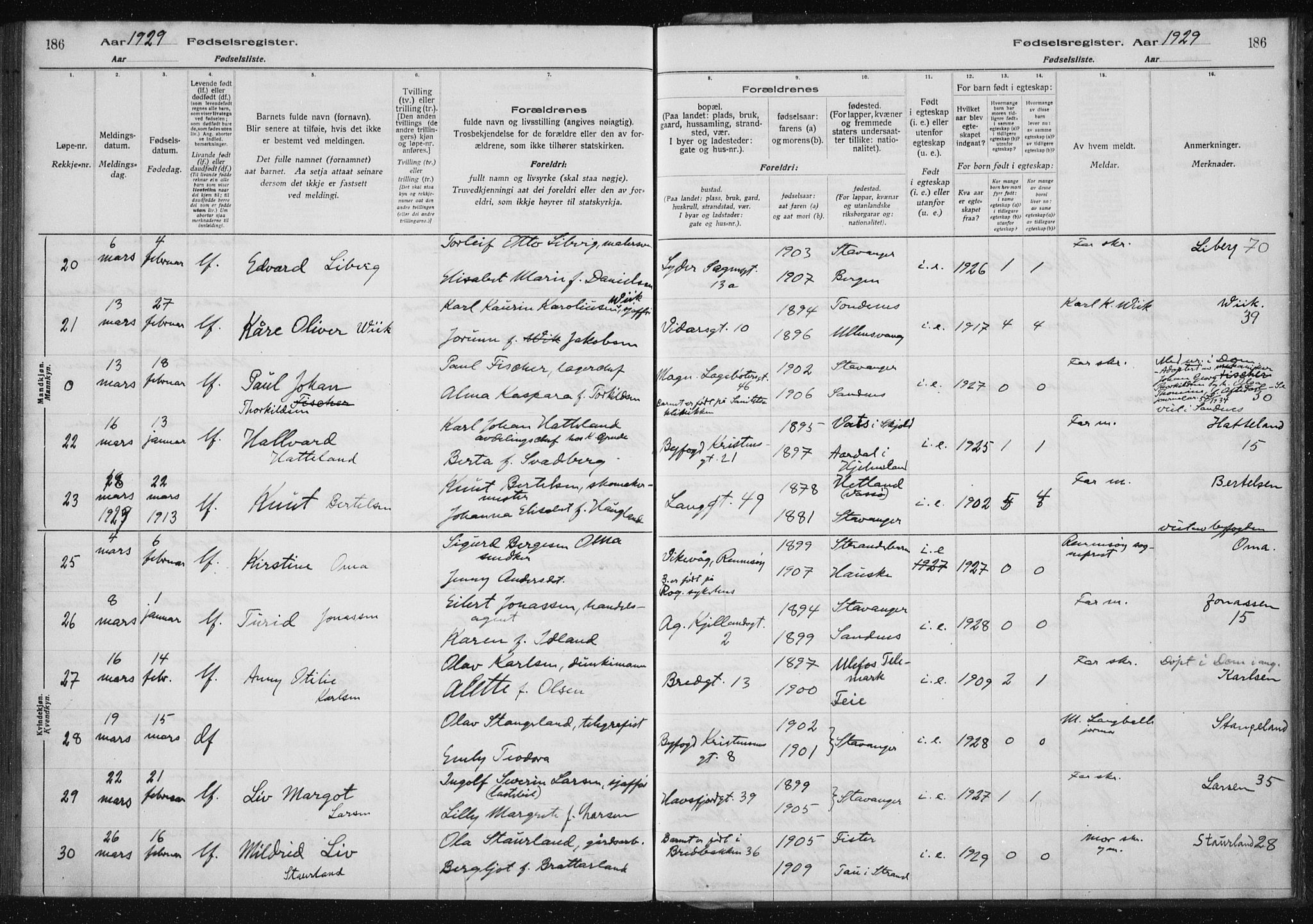 St. Petri sokneprestkontor, AV/SAST-A-101813/002/A/L0002: Fødselsregister nr. 2, 1922-1929, s. 186