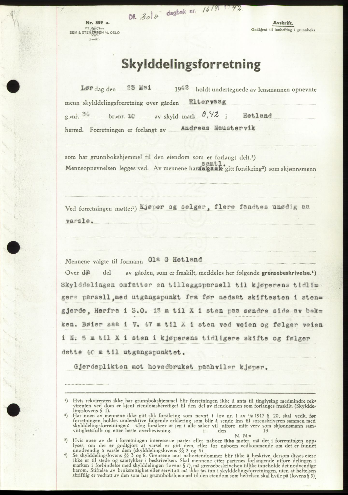 Jæren sorenskriveri, SAST/A-100310/03/G/Gba/L0082: Pantebok, 1942-1942, Dagboknr: 1619/1942