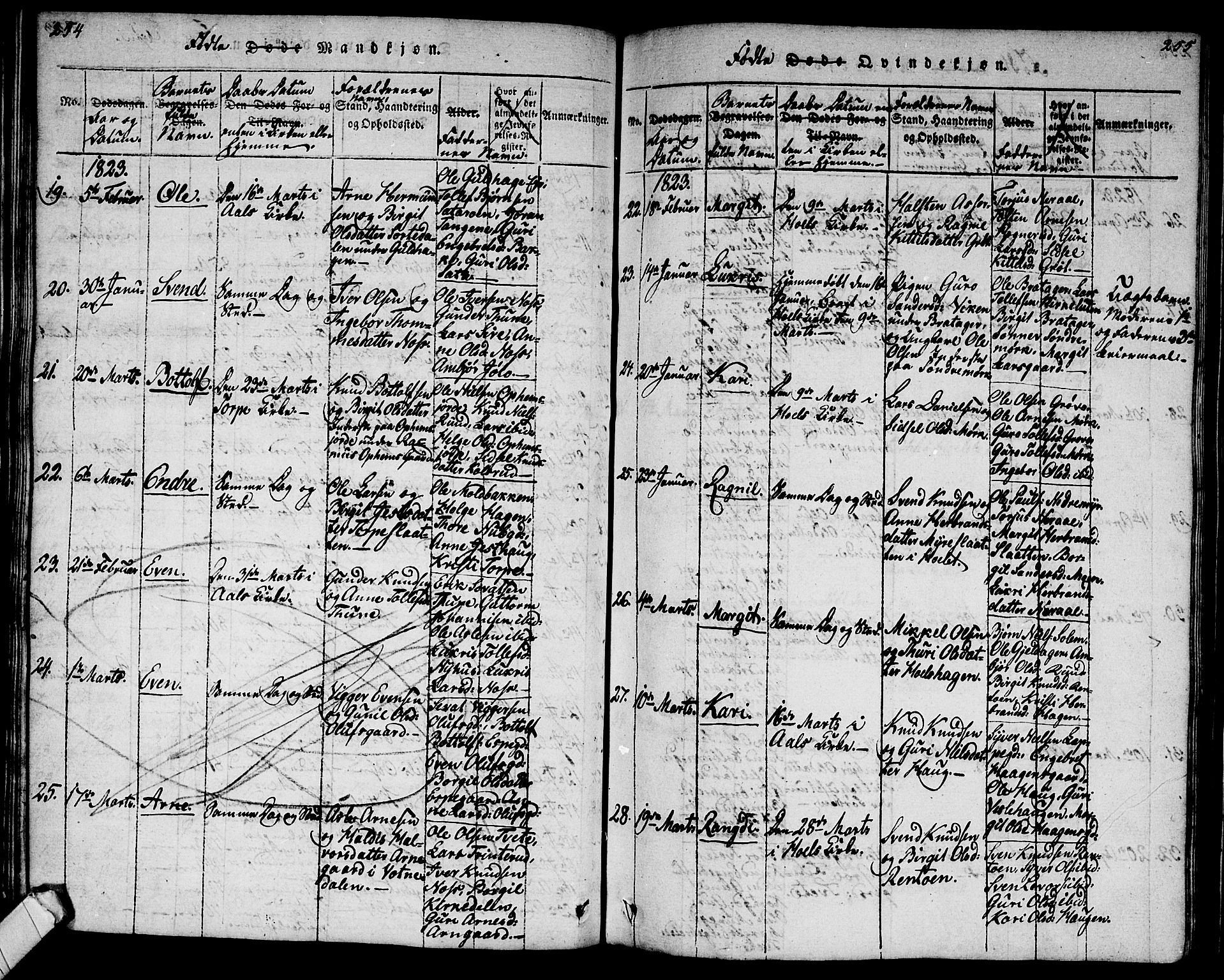 Ål kirkebøker, AV/SAKO-A-249/G/Ga/L0001: Klokkerbok nr. 1, 1815-1829, s. 254-255