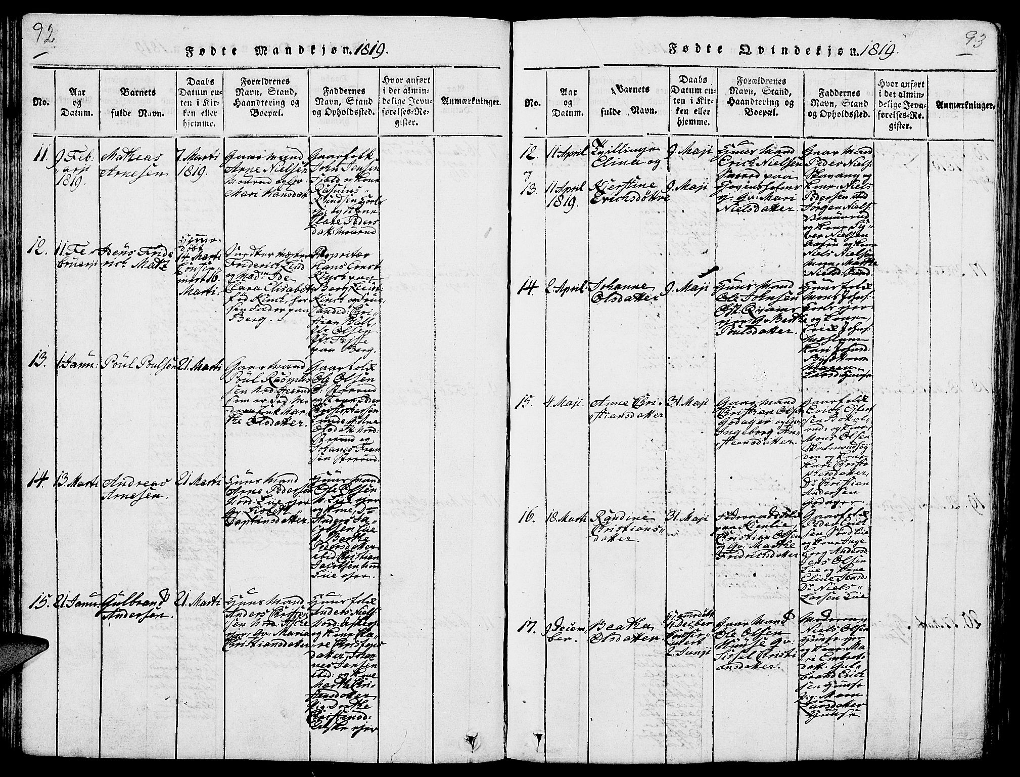 Nes prestekontor, Hedmark, SAH/PREST-020/L/La/L0003: Klokkerbok nr. 3, 1814-1831, s. 92-93