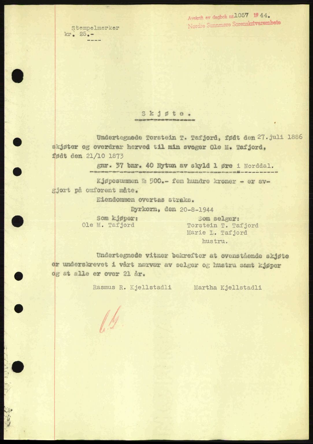 Nordre Sunnmøre sorenskriveri, SAT/A-0006/1/2/2C/2Ca: Pantebok nr. A18, 1944-1944, Dagboknr: 1057/1944
