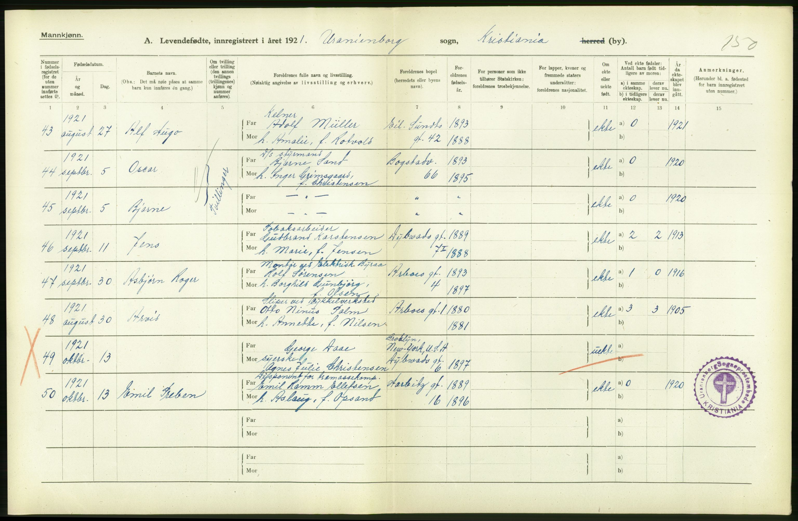 Statistisk sentralbyrå, Sosiodemografiske emner, Befolkning, RA/S-2228/D/Df/Dfc/Dfca/L0010: Kristiania: Levendefødte menn og kvinner., 1921, s. 118