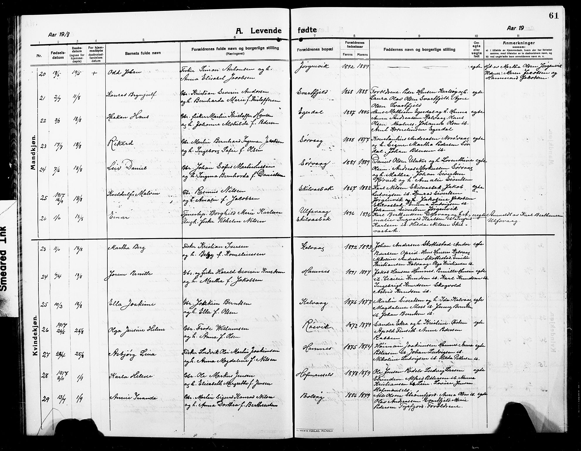 Ministerialprotokoller, klokkerbøker og fødselsregistre - Nordland, AV/SAT-A-1459/859/L0861: Klokkerbok nr. 859C07, 1910-1925, s. 61