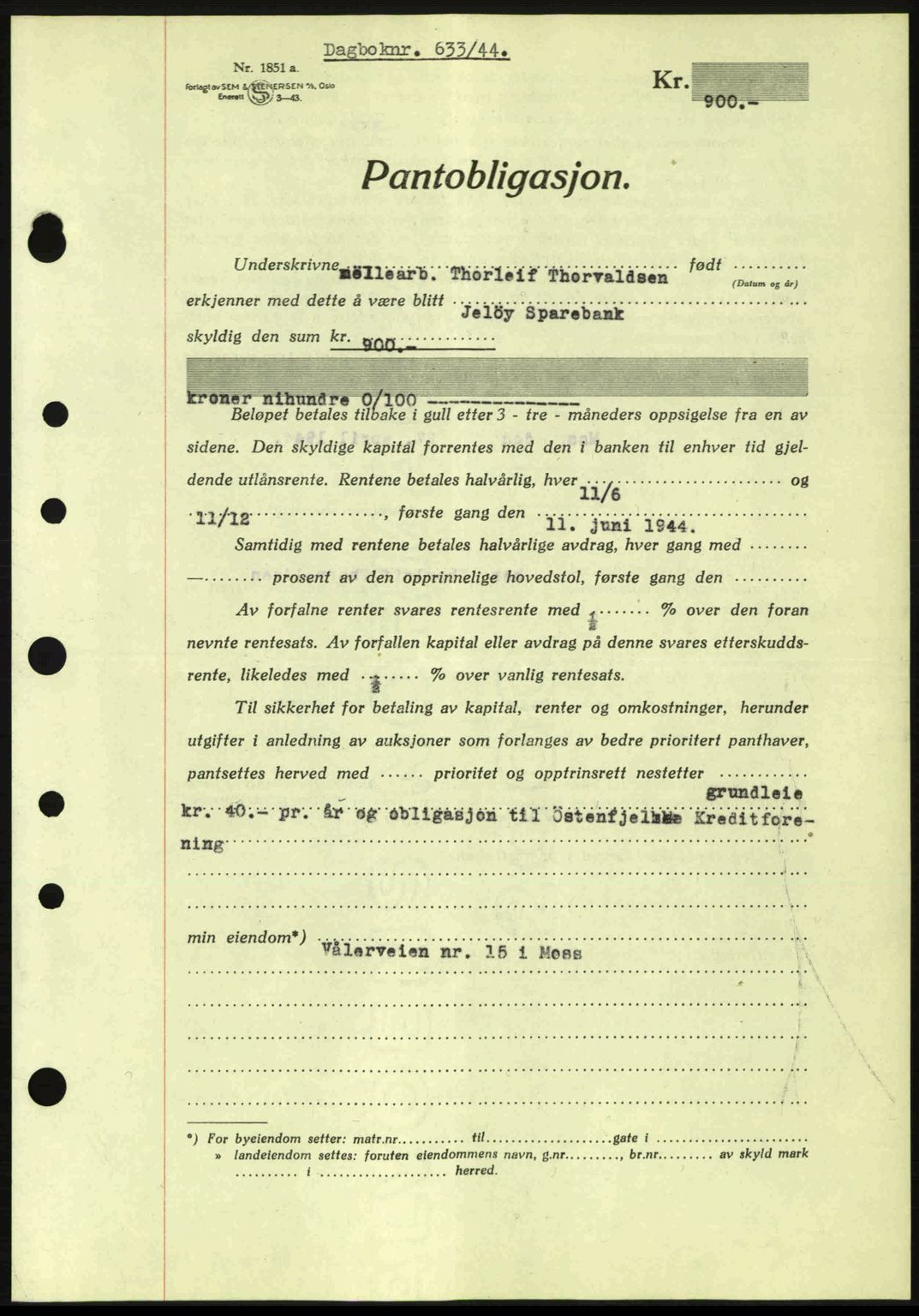 Moss sorenskriveri, SAO/A-10168: Pantebok nr. B13, 1943-1945, Dagboknr: 633/1944