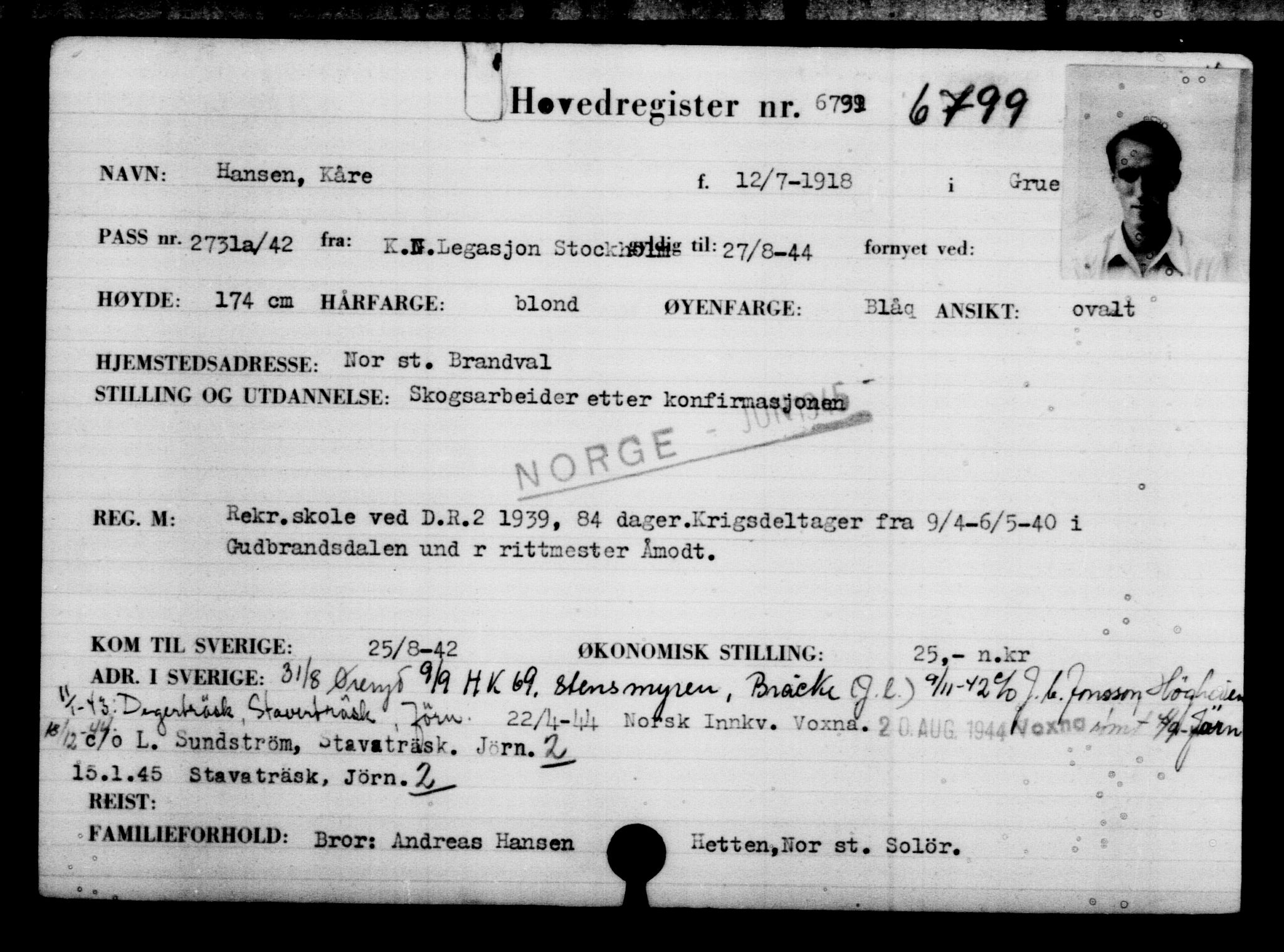 Utenriksstasjonene, Legasjonen i Stockholm, Flyktningkontoret, AV/RA-S-6753/V/Va/L0005: Kjesäterkartoteket, flyktninger med registreringsnr. 6600-9417, 1940-1945, s. 243