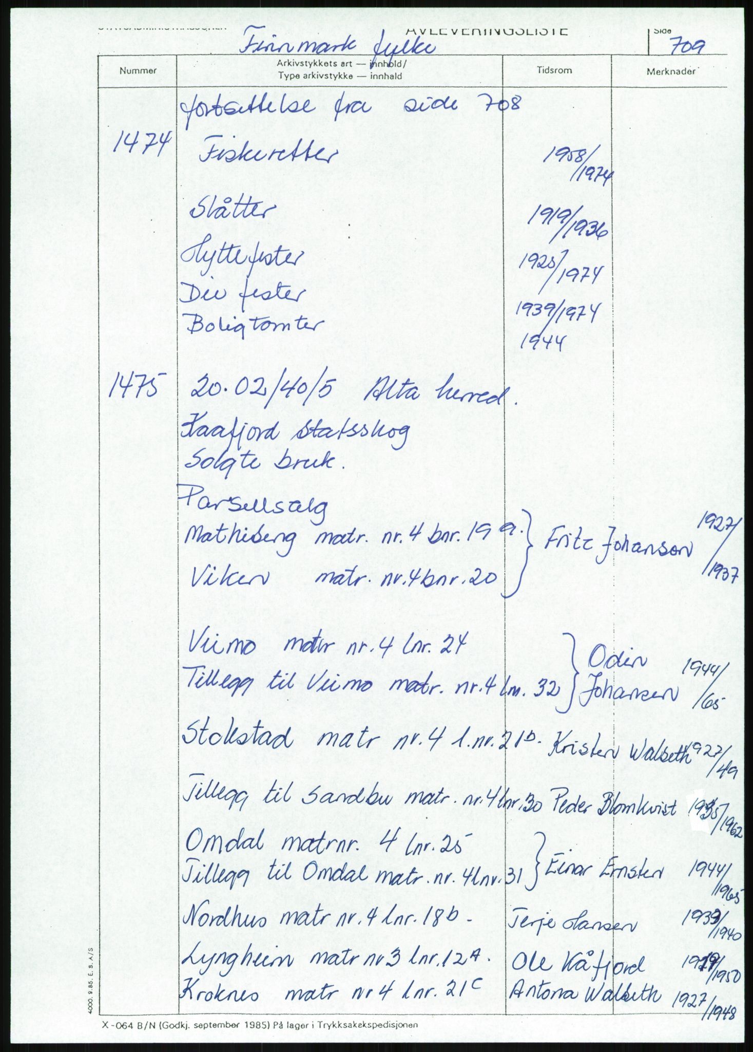 Direktoratet for statens skoger, AV/RA-S-1600/2/E/Eg/L0003: Arkivliste for 10.11-serien. Nord-Trøndelag til Finnmark fylke. Mappenr. 926 - 1505, 1957-1992, s. 521