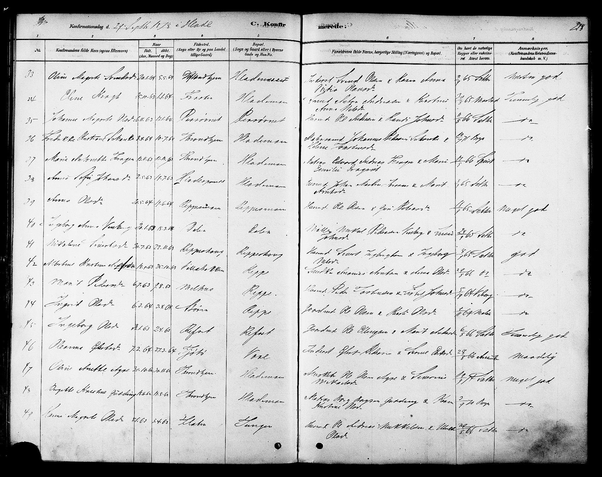 Ministerialprotokoller, klokkerbøker og fødselsregistre - Sør-Trøndelag, SAT/A-1456/606/L0294: Ministerialbok nr. 606A09, 1878-1886, s. 218
