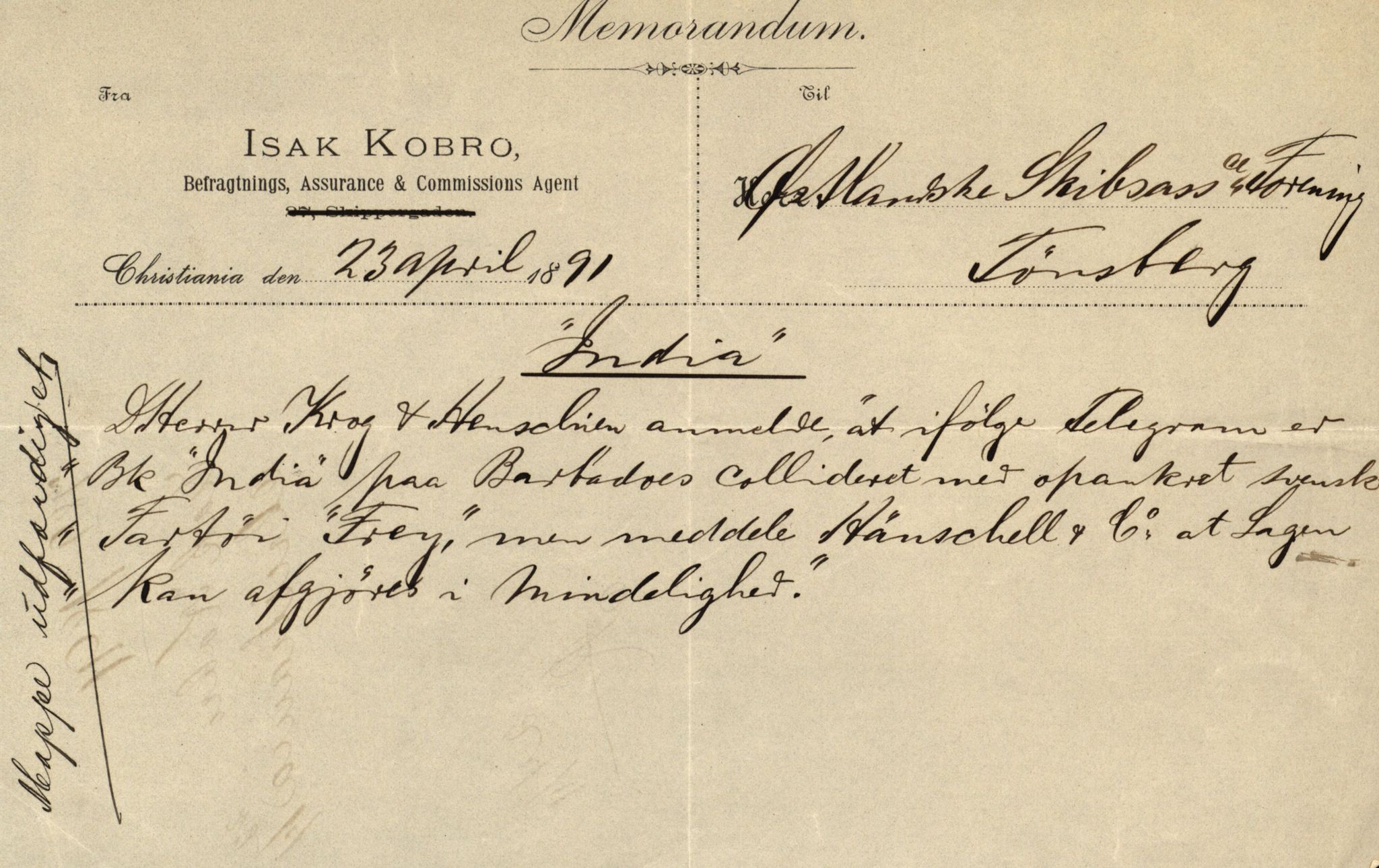 Pa 63 - Østlandske skibsassuranceforening, VEMU/A-1079/G/Ga/L0027/0012: Havaridokumenter / Hans Nielsen Hauge, Verena, Guldfaxe, India, Industri, 1891, s. 21