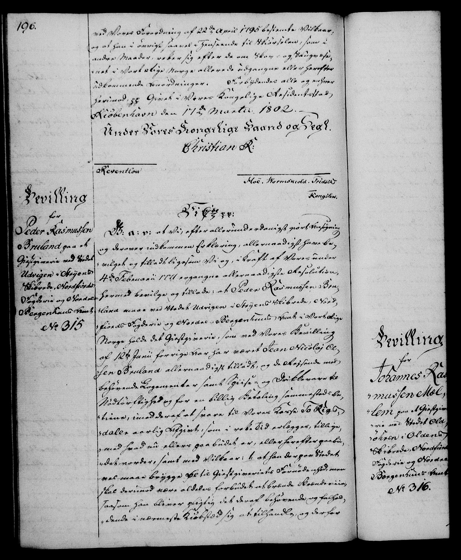 Rentekammeret, Kammerkanselliet, AV/RA-EA-3111/G/Gg/Gga/L0017: Norsk ekspedisjonsprotokoll med register (merket RK 53.17), 1801-1803, s. 196