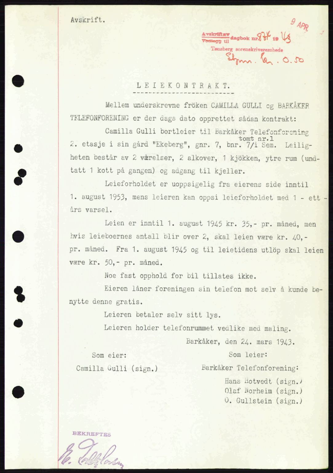 Jarlsberg sorenskriveri, SAKO/A-131/G/Ga/Gaa/L0013: Pantebok nr. A-13, 1942-1943, Dagboknr: 874/1943