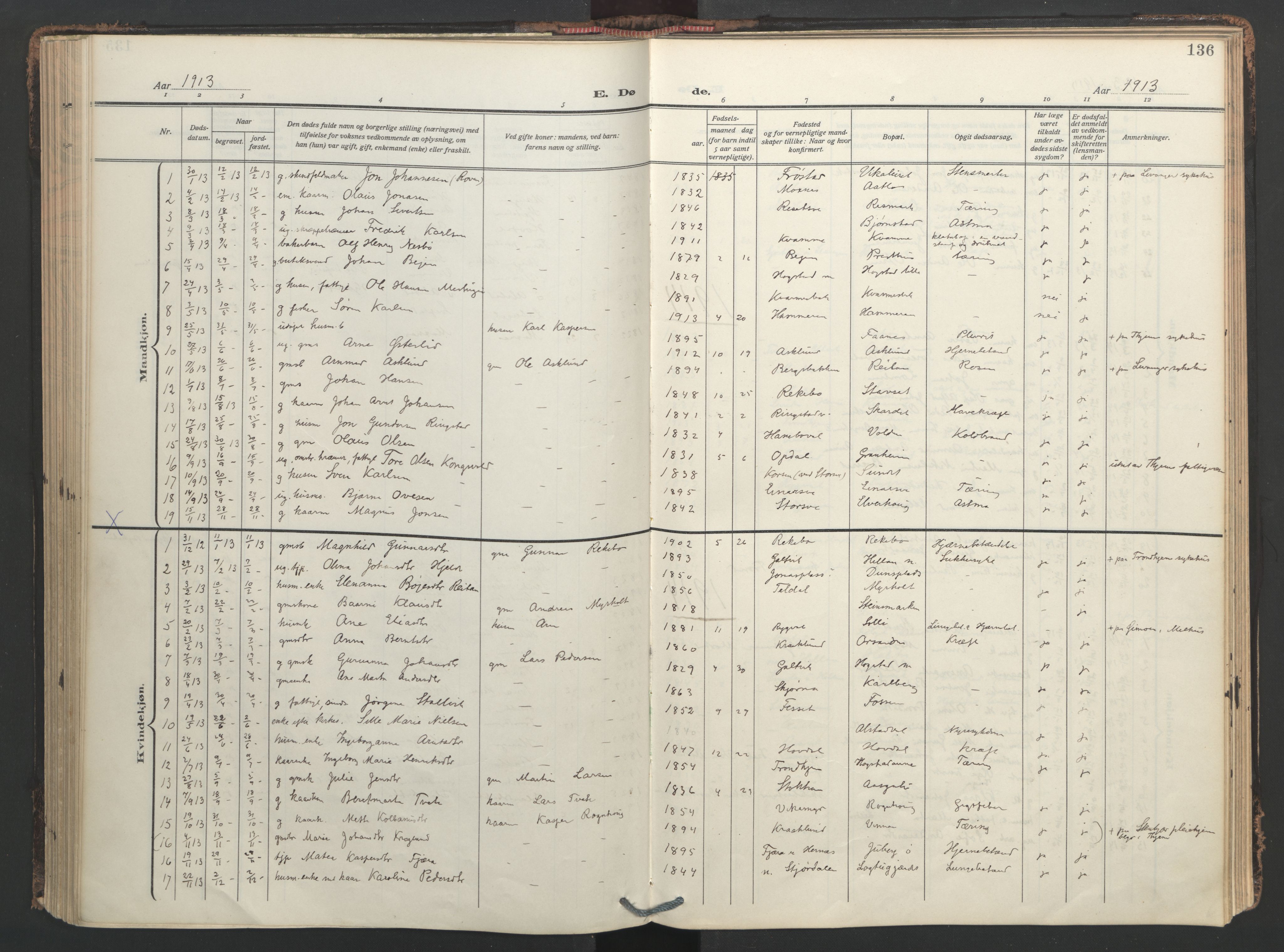 Ministerialprotokoller, klokkerbøker og fødselsregistre - Nord-Trøndelag, SAT/A-1458/713/L0123: Ministerialbok nr. 713A12, 1911-1925, s. 136