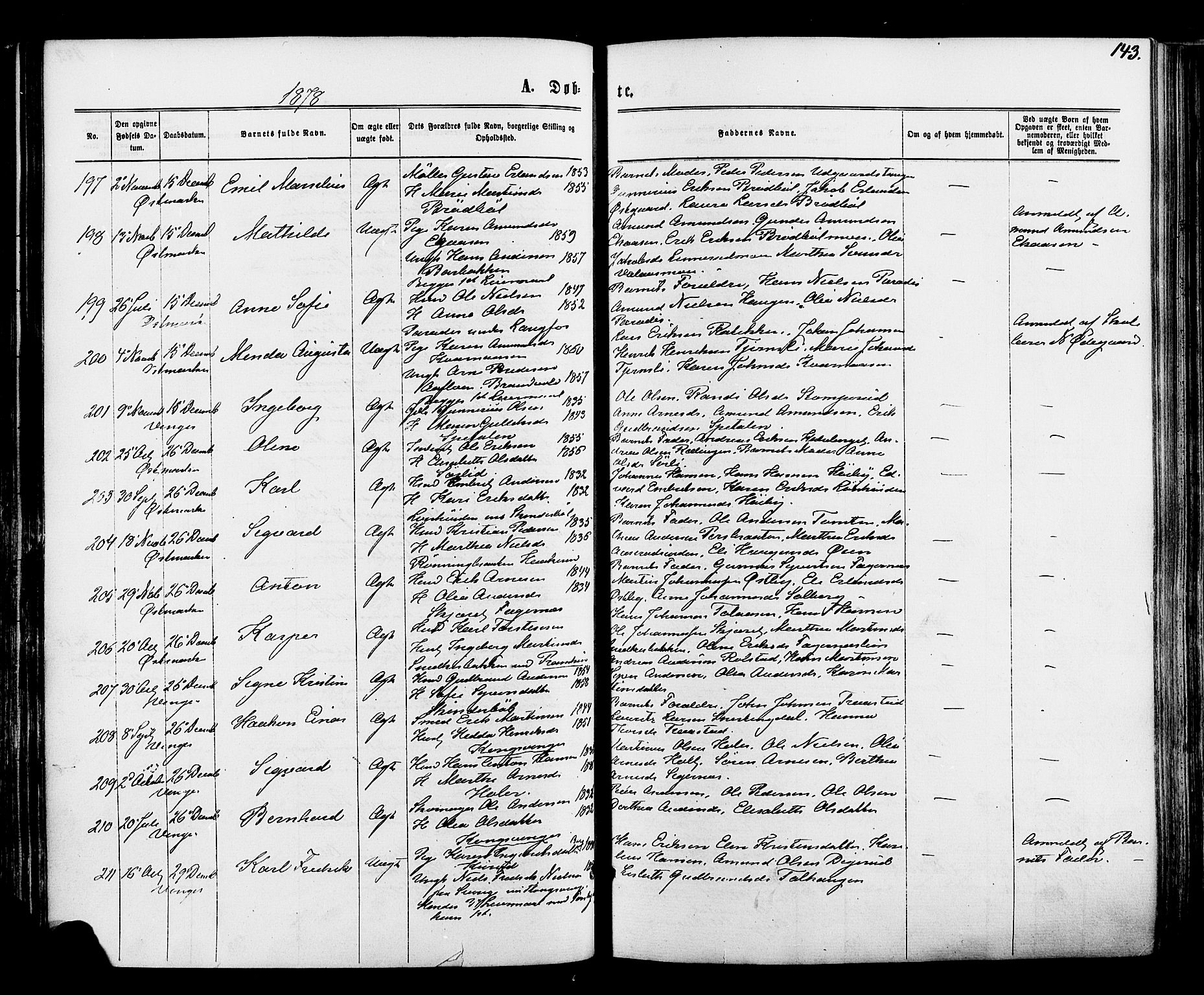 Vinger prestekontor, AV/SAH-PREST-024/H/Ha/Haa/L0012: Ministerialbok nr. 12, 1871-1880, s. 143