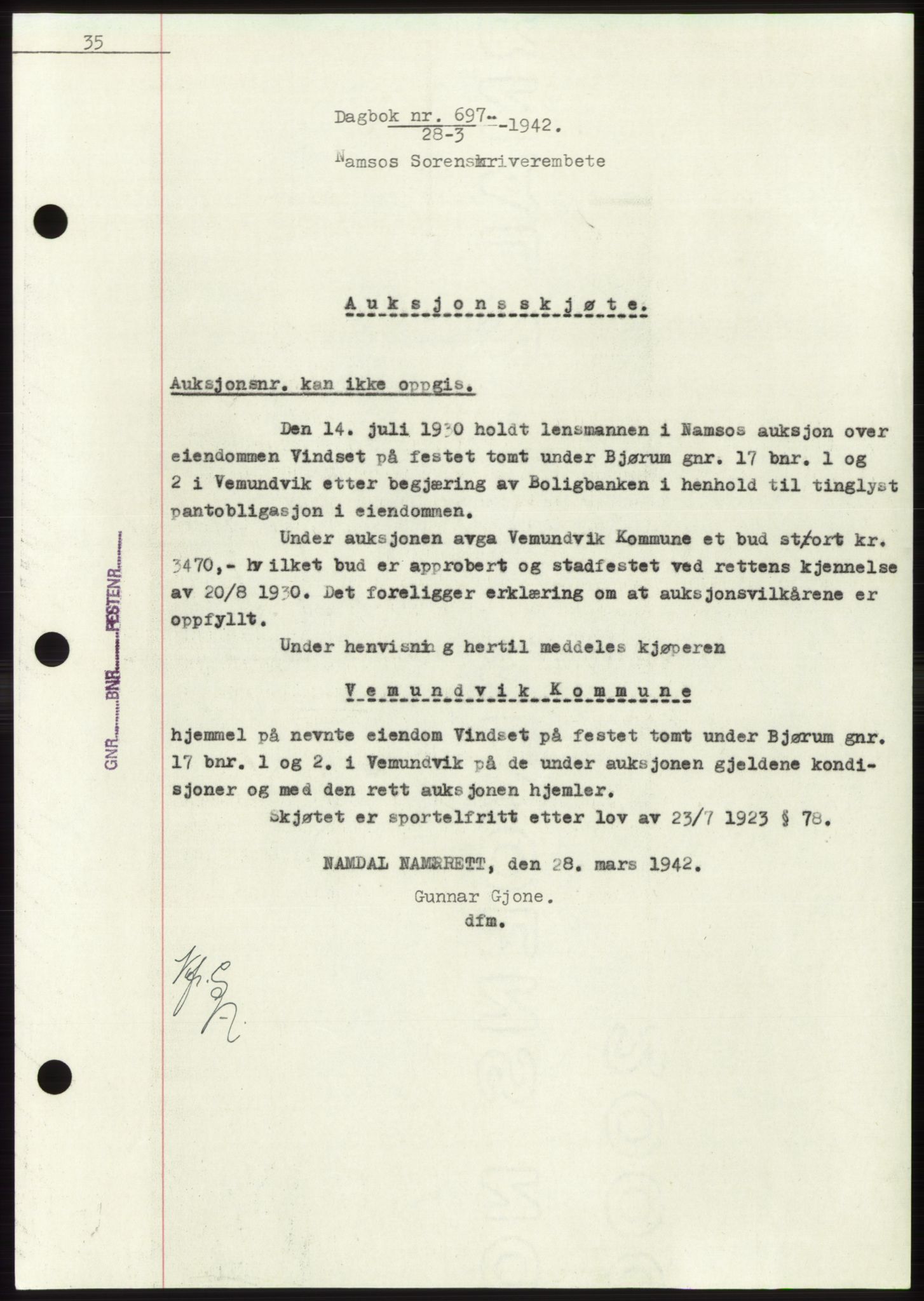 Namdal sorenskriveri, SAT/A-4133/1/2/2C: Pantebok nr. -, 1941-1942, Dagboknr: 697/1942