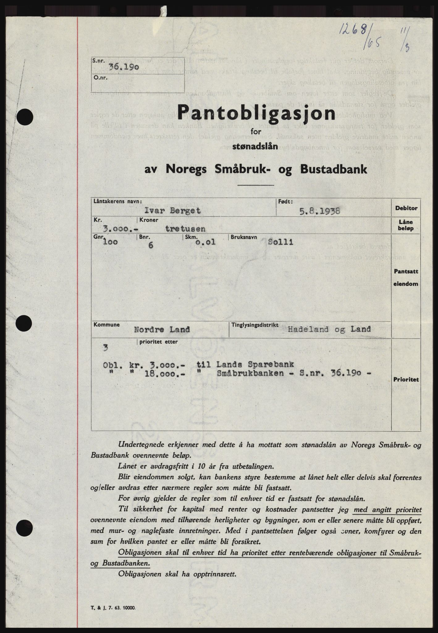 Hadeland og Land tingrett, SAH/TING-010/H/Hb/Hbc/L0058: Pantebok nr. B58, 1965-1965, Dagboknr: 1268/1965