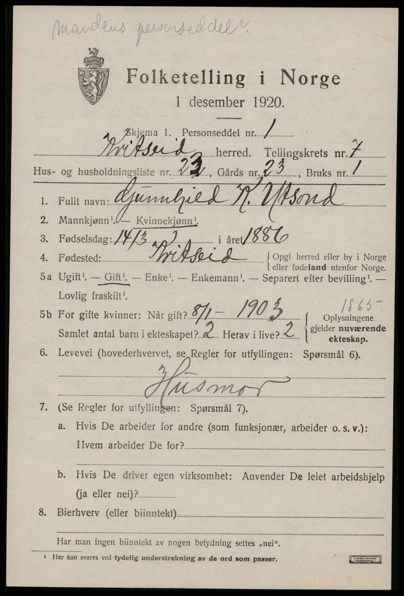 SAKO, Folketelling 1920 for 0829 Kviteseid herred, 1920, s. 3723