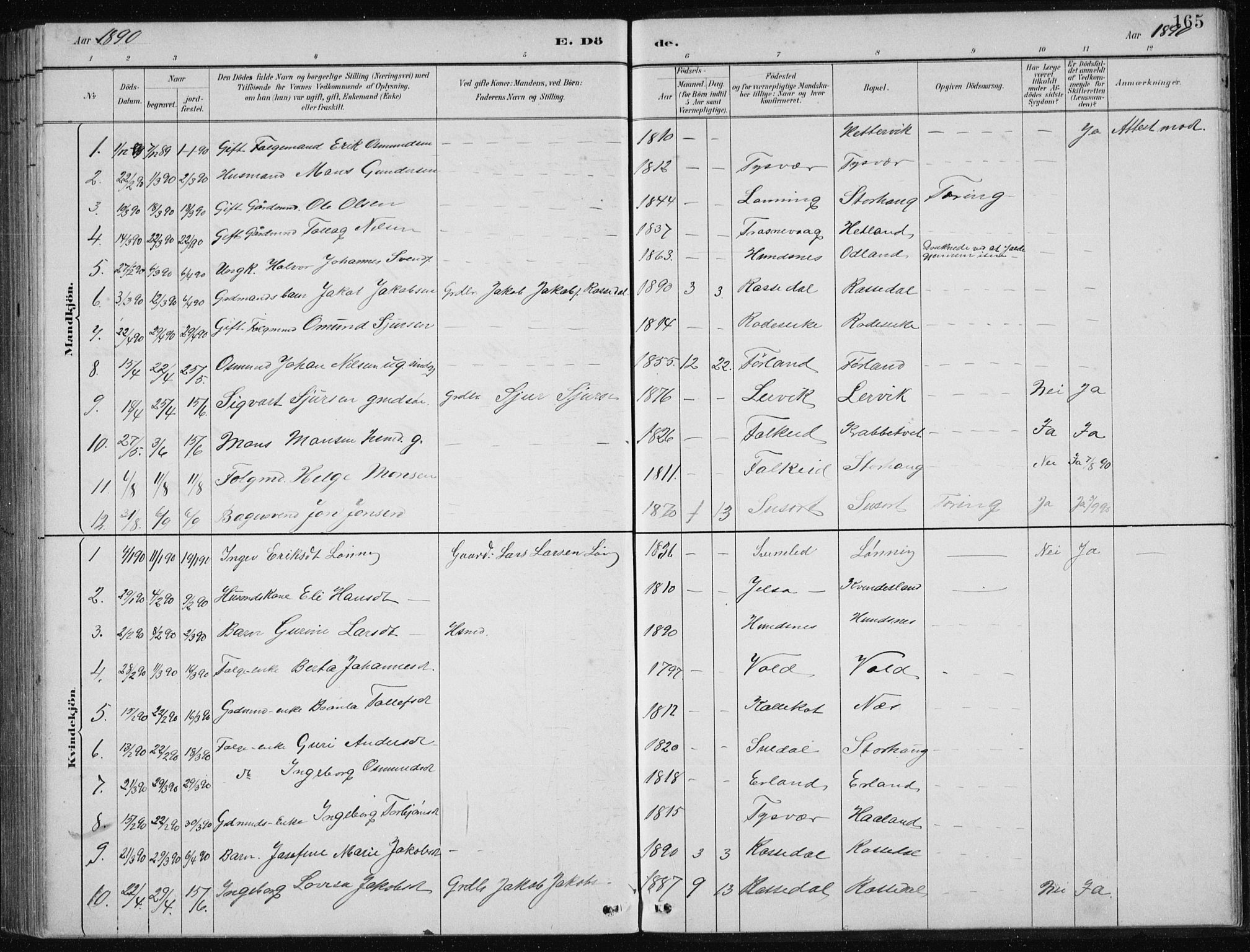 Tysvær sokneprestkontor, AV/SAST-A -101864/H/Ha/Hab/L0004: Klokkerbok nr. B 4, 1883-1896, s. 165