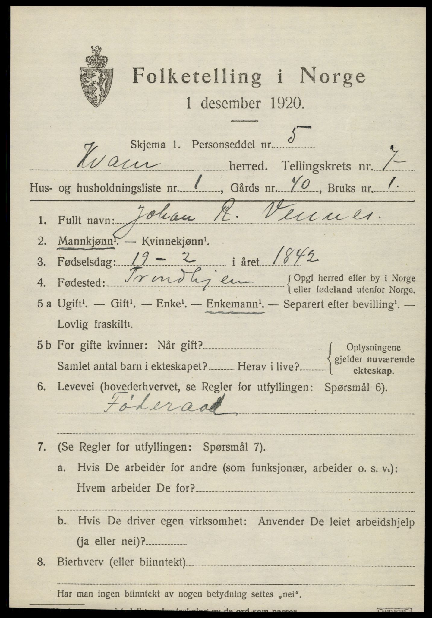 SAT, Folketelling 1920 for 1735 Kvam herred, 1920, s. 1809