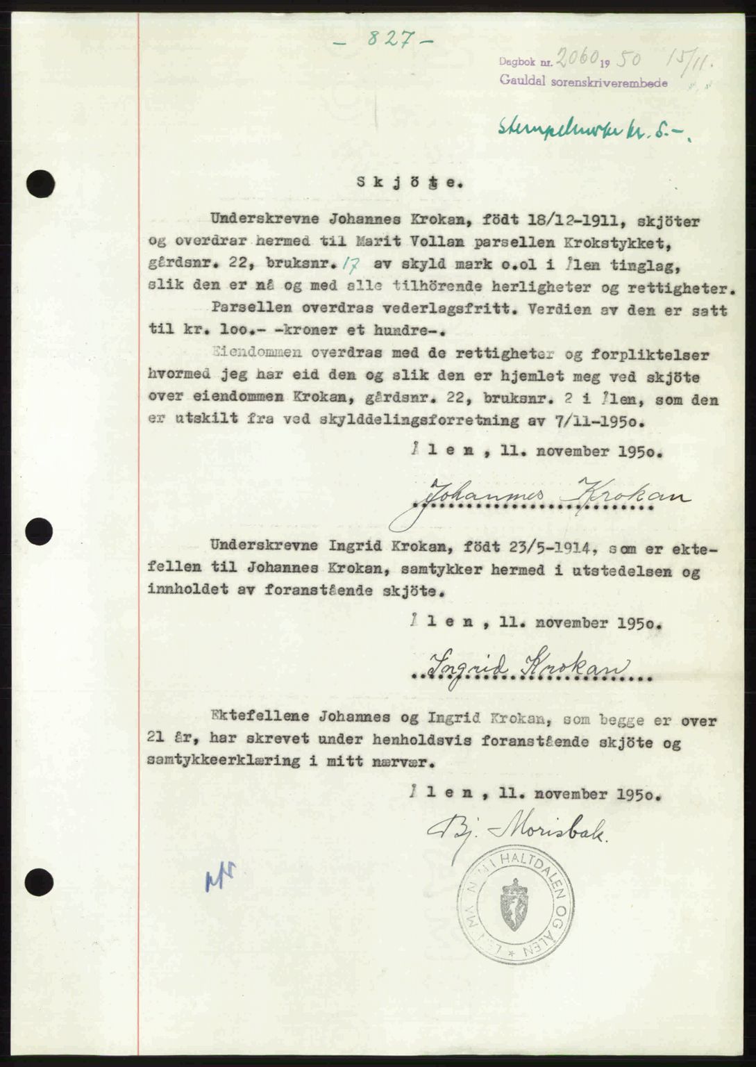 Gauldal sorenskriveri, SAT/A-0014/1/2/2C: Pantebok nr. A11, 1950-1950, Dagboknr: 2060/1950