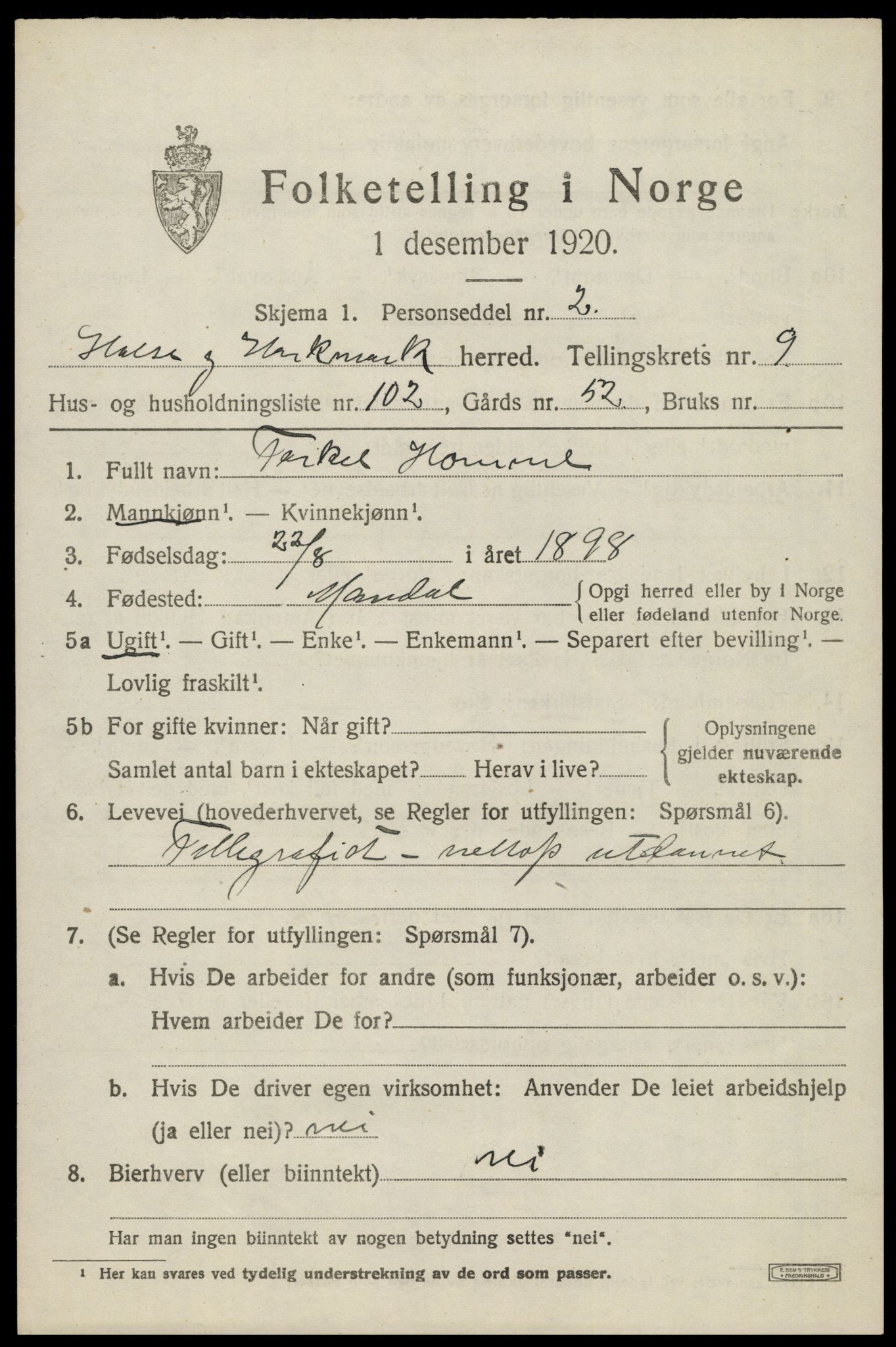 SAK, Folketelling 1920 for 1019 Halse og Harkmark herred, 1920, s. 5595