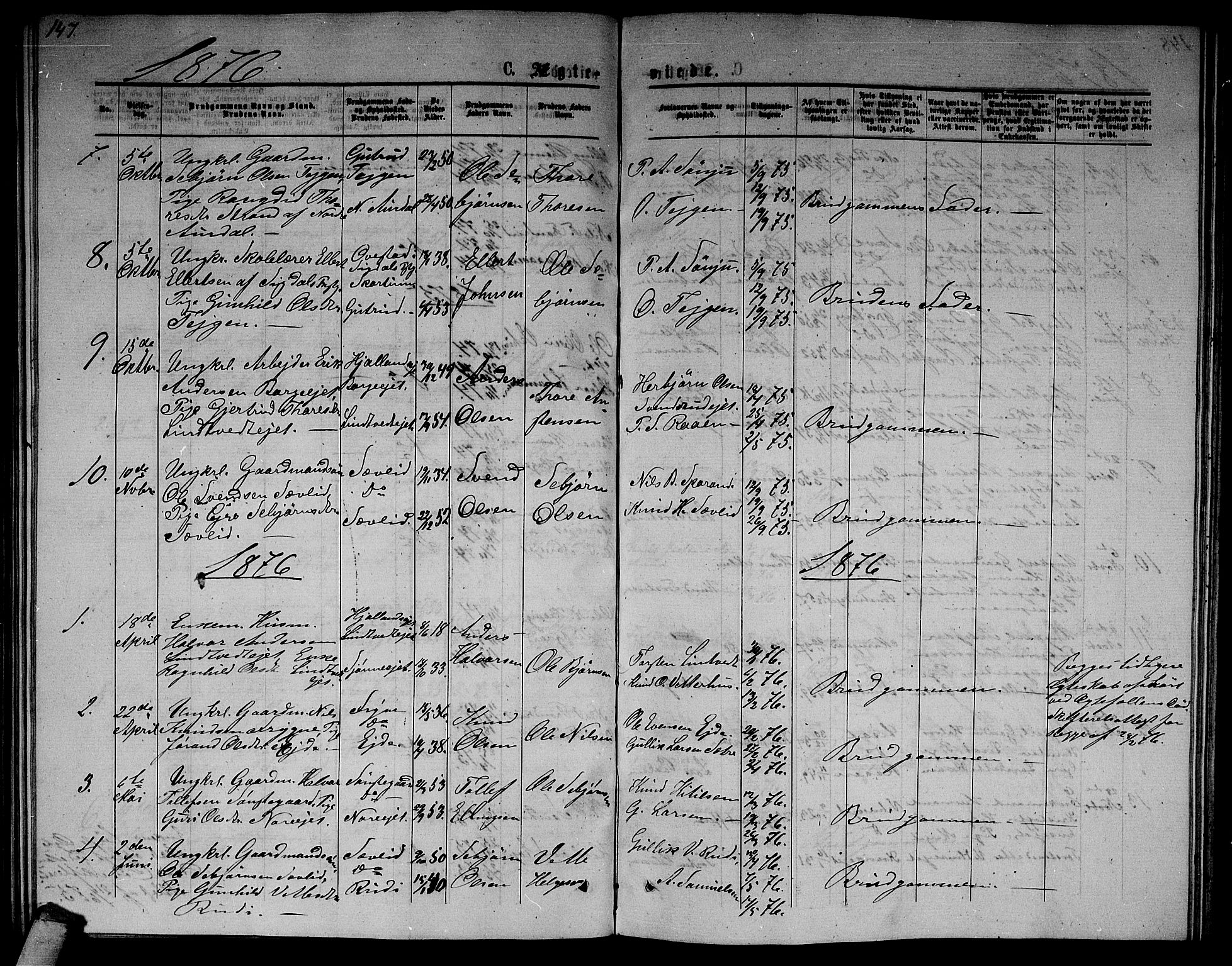 Nore kirkebøker, AV/SAKO-A-238/G/Ga/L0001: Klokkerbok nr. I 1, 1872-1877, s. 147