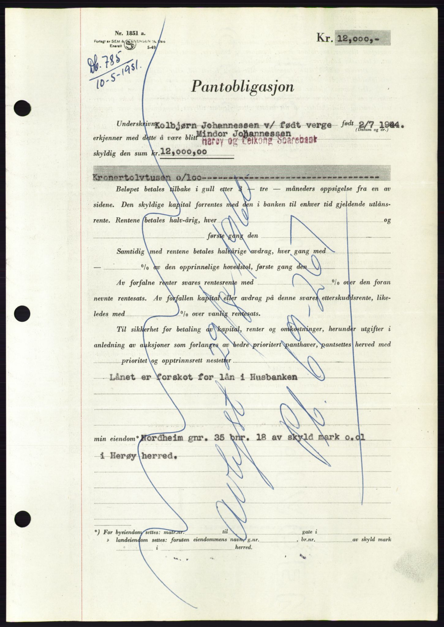 Søre Sunnmøre sorenskriveri, AV/SAT-A-4122/1/2/2C/L0120: Pantebok nr. 8B, 1951-1951, Dagboknr: 785/1951
