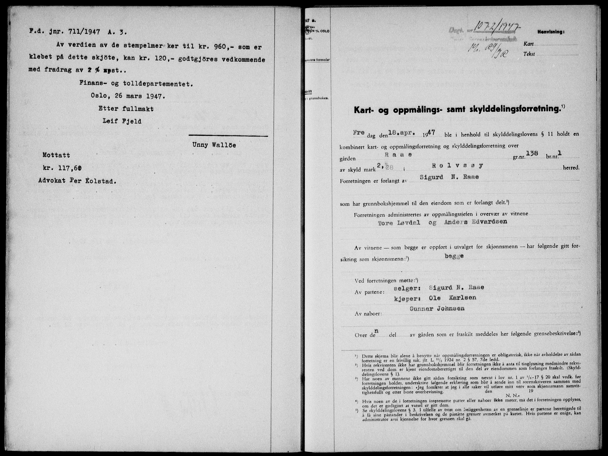 Onsøy sorenskriveri, SAO/A-10474/G/Ga/Gab/L0019b: Pantebok nr. II A-19 B, 1947-1947, Dagboknr: 1072/1947
