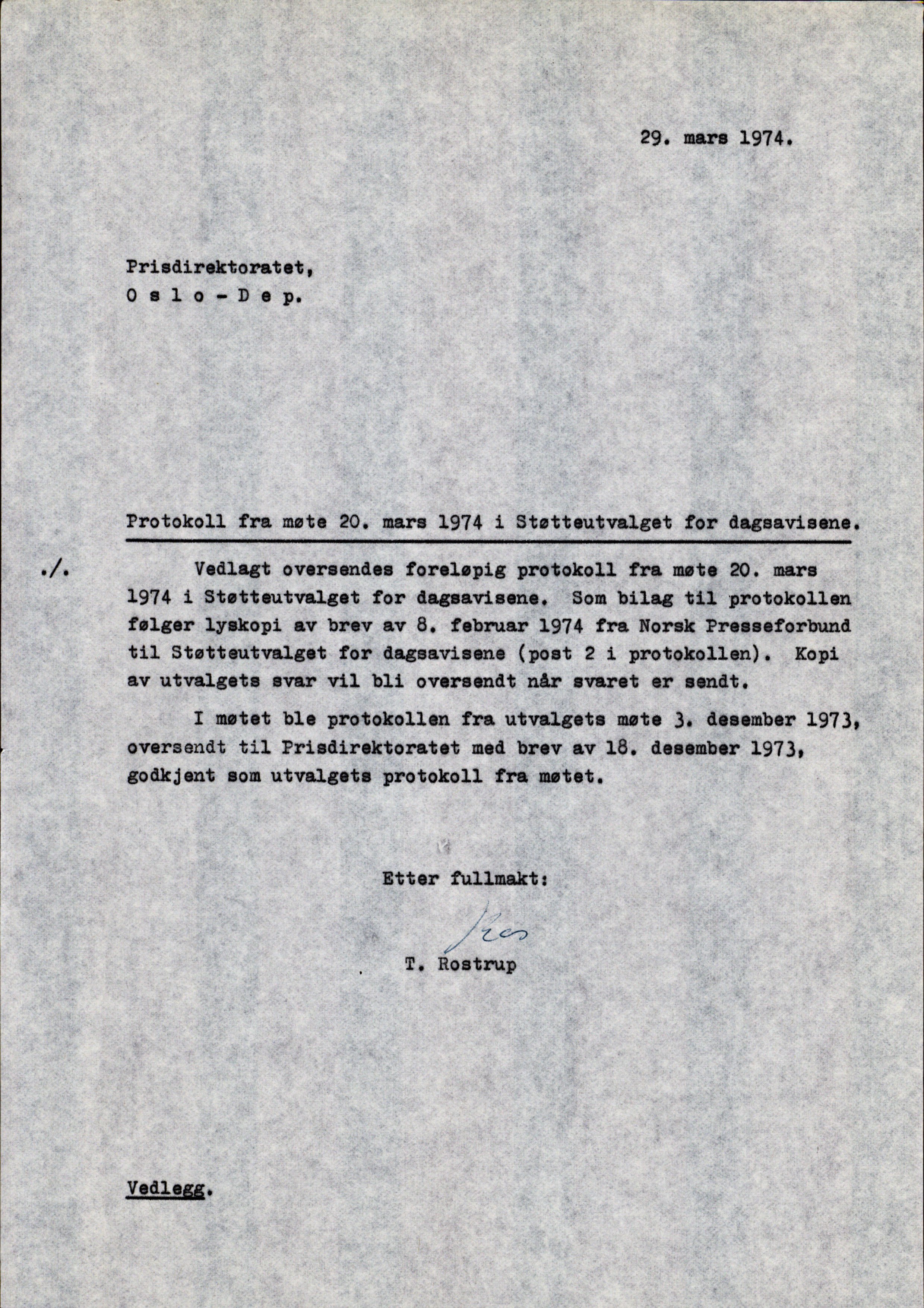 Støtteutvalget for dagsavisene, RA/S-6927/D/Da/L0001/0006: Sakarkiv / Støtteutvalget for dagsavisene. Korrespondanse med Prisdirektoratet, 1969-1974