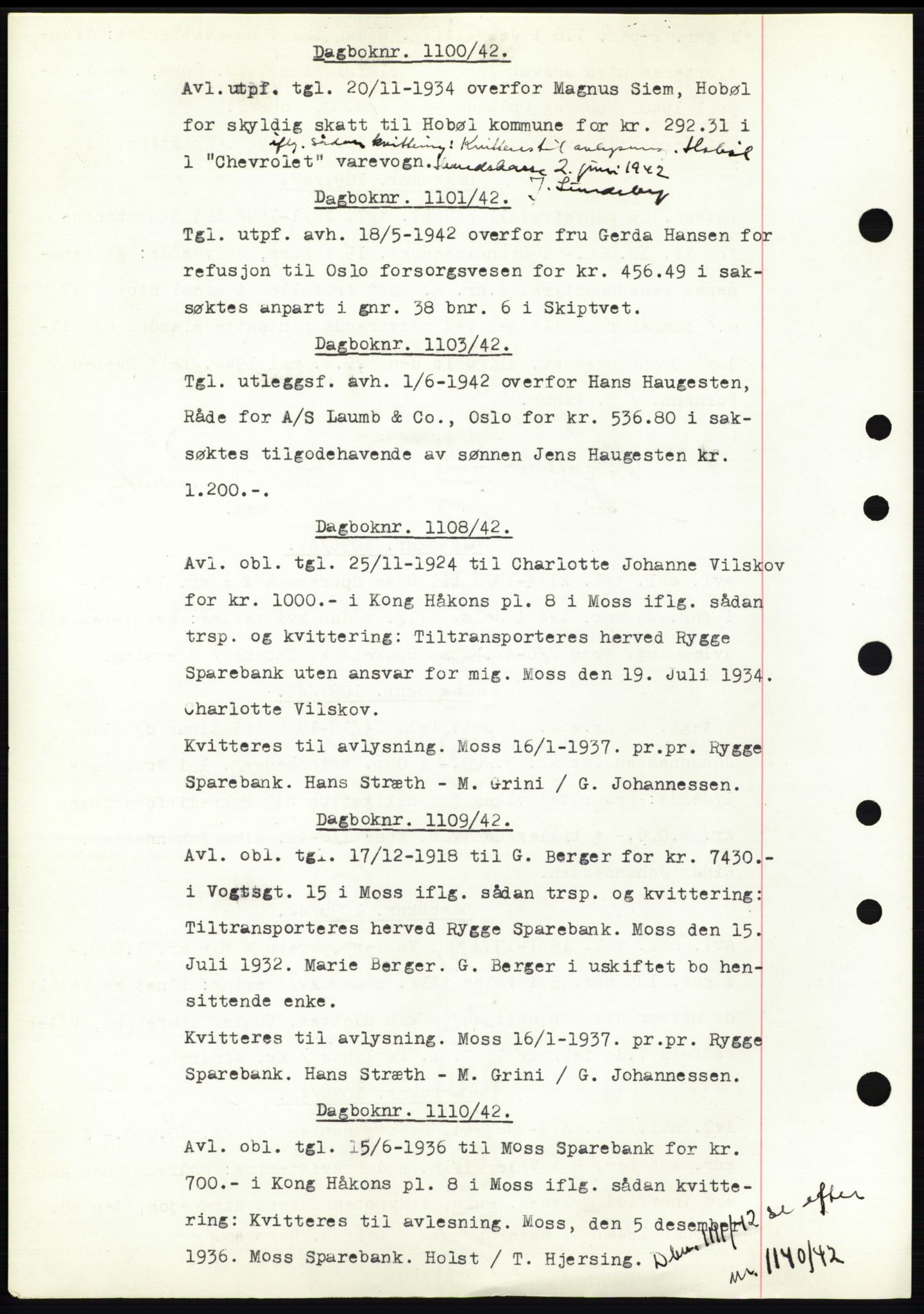 Moss sorenskriveri, SAO/A-10168: Pantebok nr. C10, 1938-1950, Dagboknr: 1100/1942