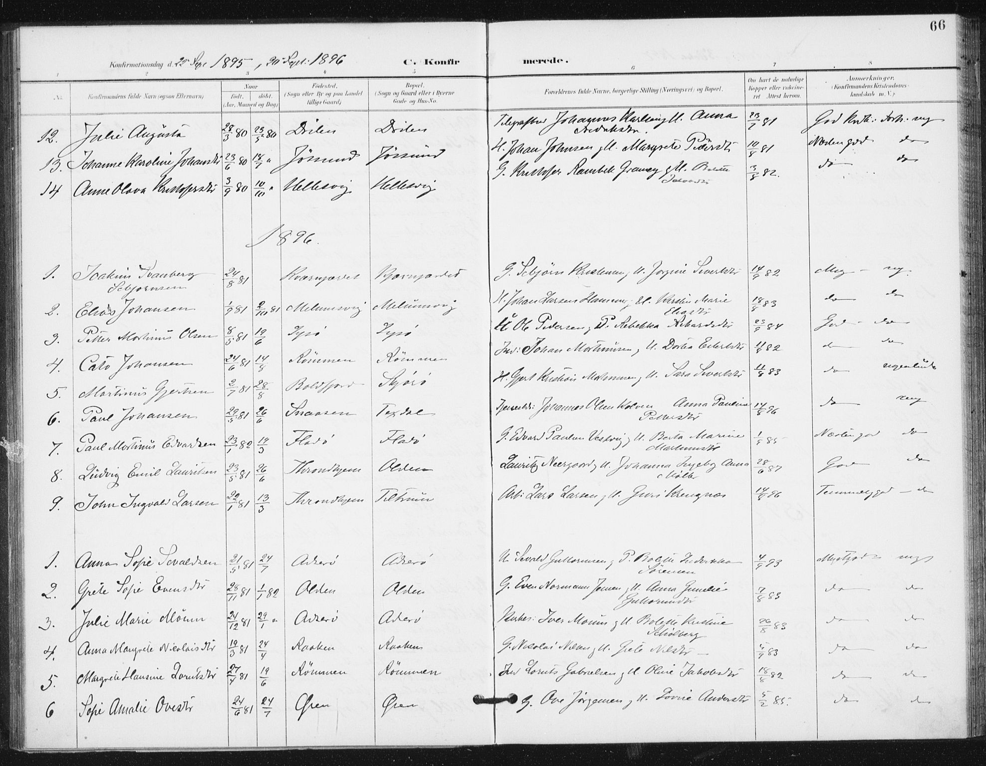 Ministerialprotokoller, klokkerbøker og fødselsregistre - Sør-Trøndelag, AV/SAT-A-1456/654/L0664: Ministerialbok nr. 654A02, 1895-1907, s. 66