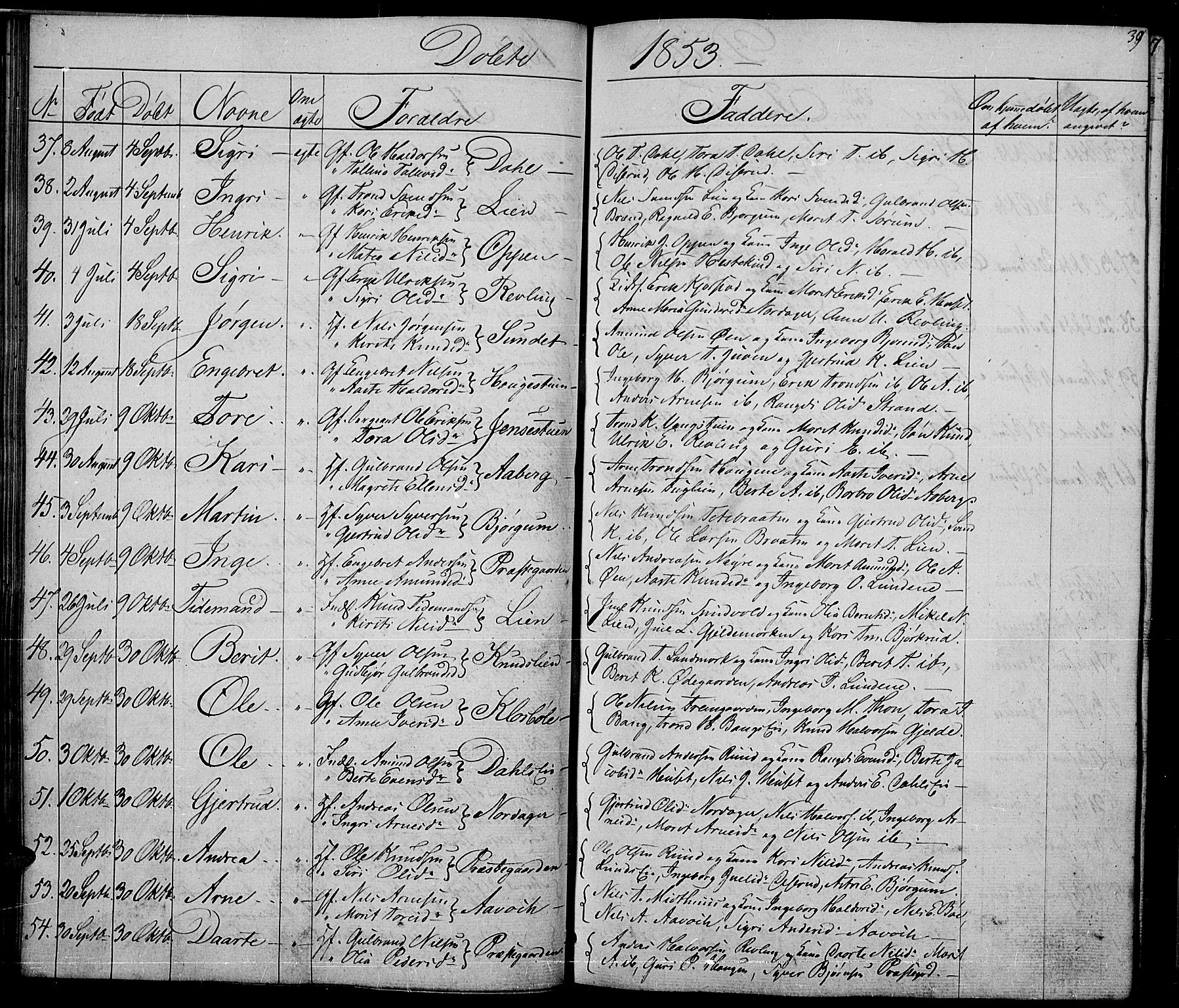 Nord-Aurdal prestekontor, AV/SAH-PREST-132/H/Ha/Hab/L0002: Klokkerbok nr. 2, 1842-1877, s. 39