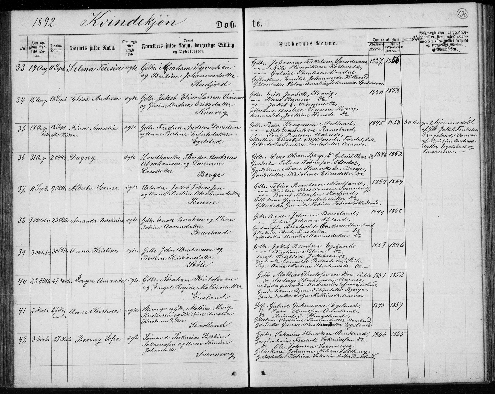 Lyngdal sokneprestkontor, SAK/1111-0029/F/Fb/Fbc/L0004: Klokkerbok nr. B 4, 1878-1896, s. 130