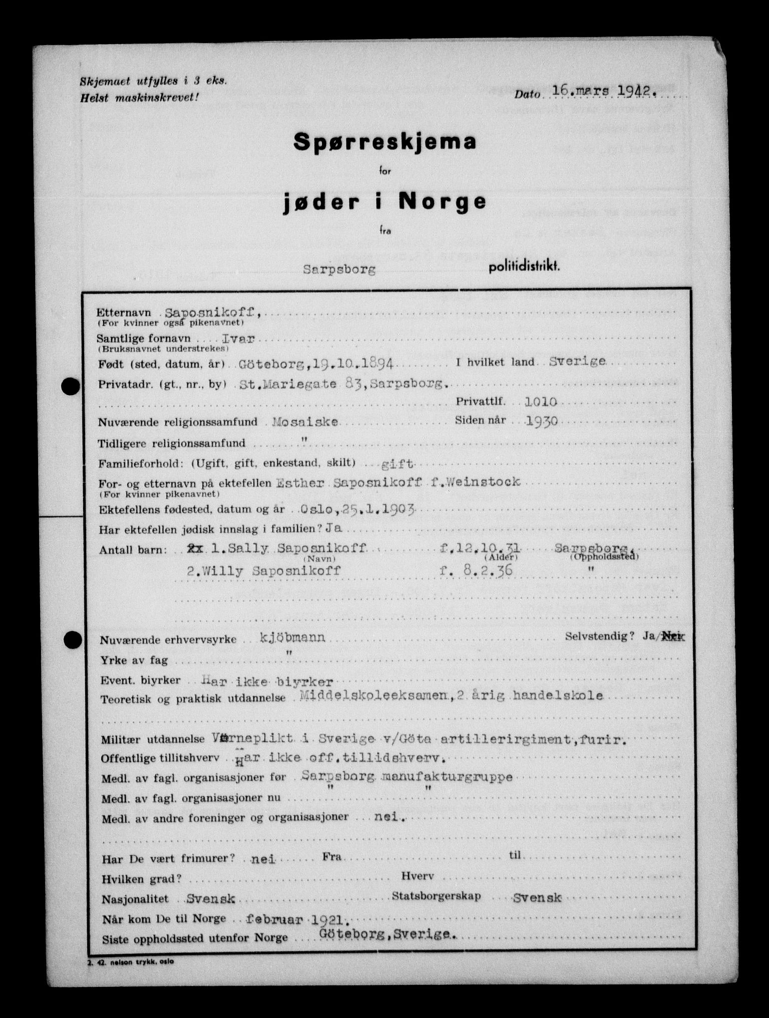 Statspolitiet - Hovedkontoret / Osloavdelingen, AV/RA-S-1329/G/Ga/L0013: Spørreskjema for jøder i Norge. 1: Sandefjord-Trondheim. 2: Tønsberg- Ålesund.  3: Skriv vedr. jøder A-H.  , 1942-1943, s. 26