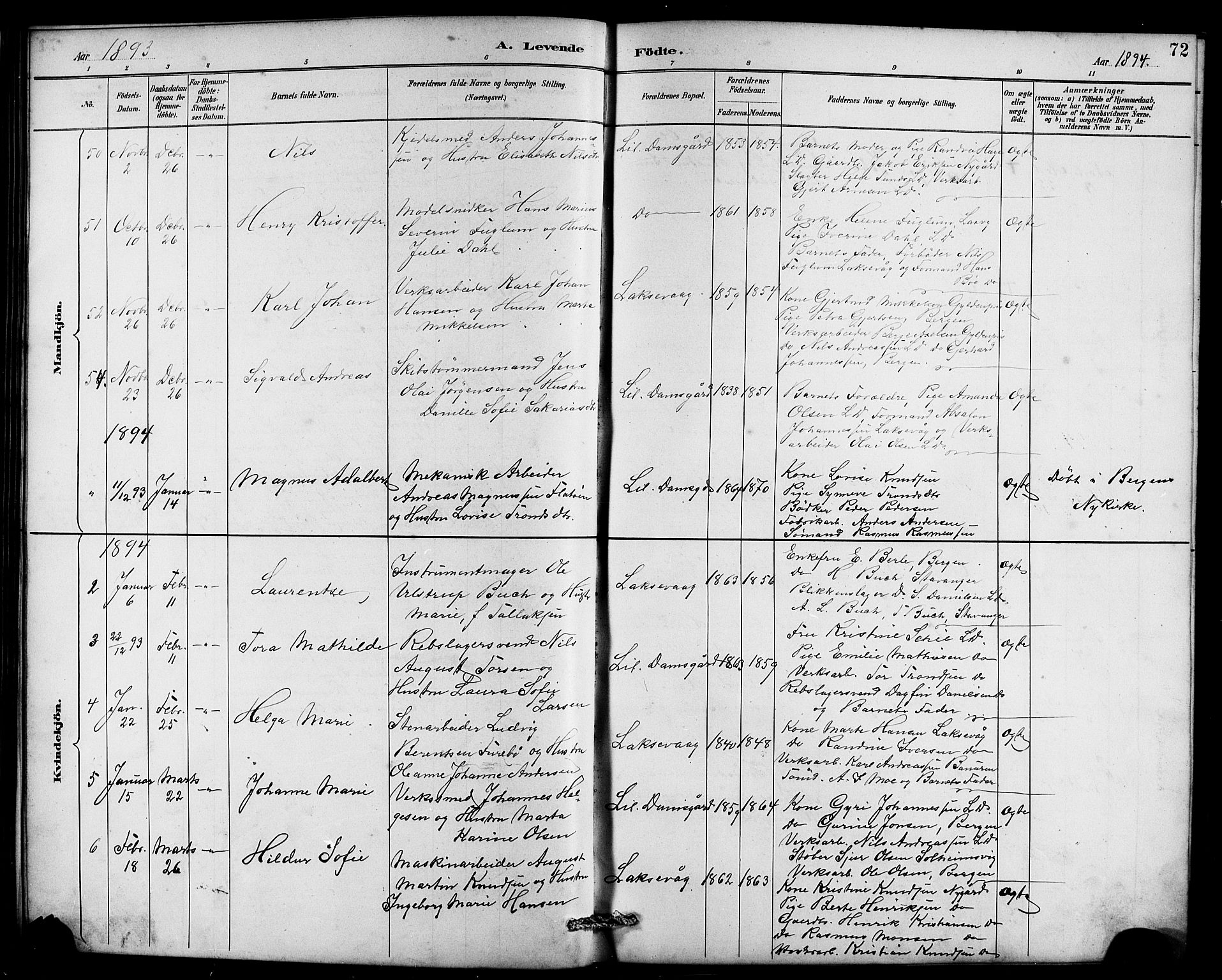 Laksevåg Sokneprestembete, AV/SAB-A-76501/H/Ha/Hab/Haba/L0003: Klokkerbok nr. A 3, 1887-1899, s. 72