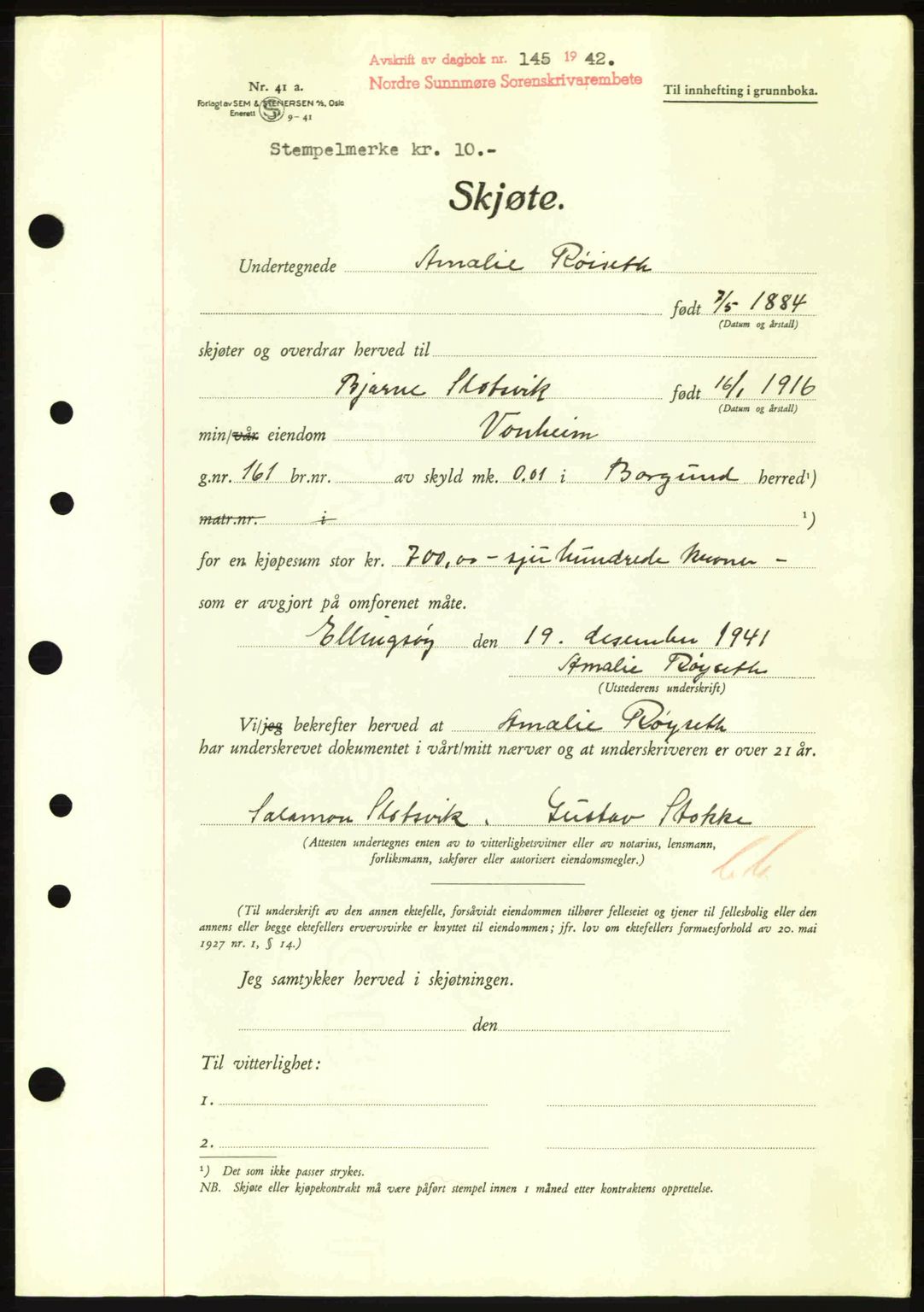 Nordre Sunnmøre sorenskriveri, AV/SAT-A-0006/1/2/2C/2Ca: Pantebok nr. A12, 1941-1942, Dagboknr: 145/1942