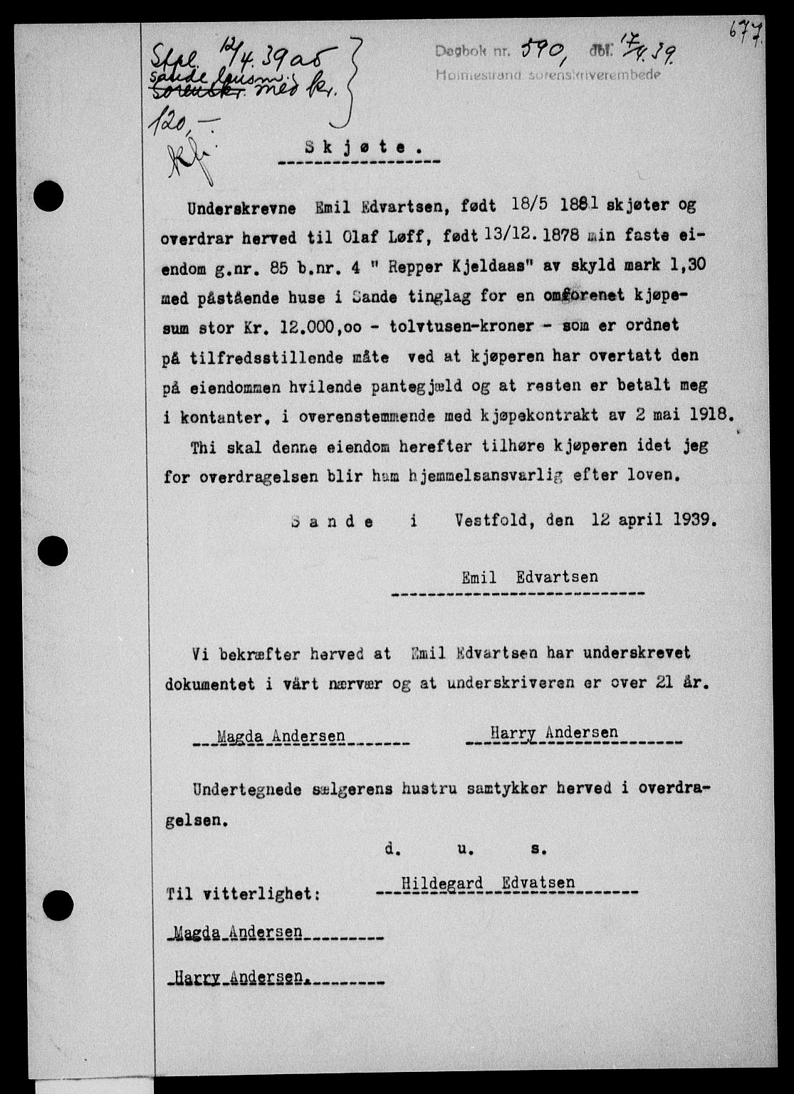 Holmestrand sorenskriveri, SAKO/A-67/G/Ga/Gaa/L0050: Pantebok nr. A-50, 1938-1939, Dagboknr: 590/1939