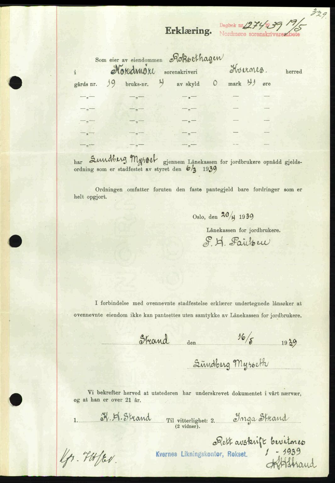 Nordmøre sorenskriveri, SAT/A-4132/1/2/2Ca: Pantebok nr. B85, 1939-1939, Dagboknr: 1274/1939