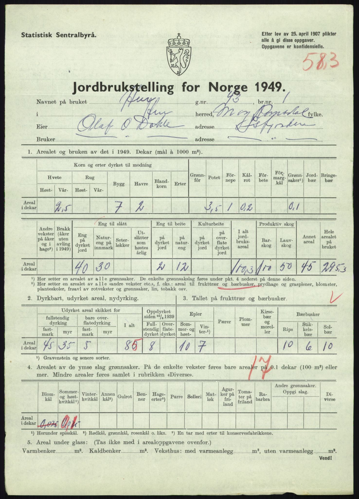 Statistisk sentralbyrå, Næringsøkonomiske emner, Jordbruk, skogbruk, jakt, fiske og fangst, AV/RA-S-2234/G/Gc/L0323: Møre og Romsdal: Grytten og Hen, 1949, s. 869