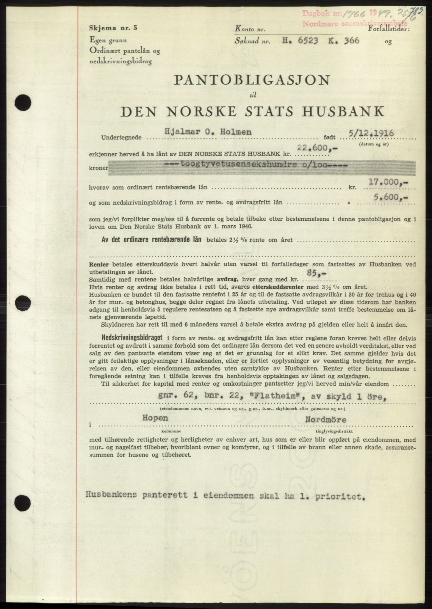 Nordmøre sorenskriveri, SAT/A-4132/1/2/2Ca: Pantebok nr. B101, 1949-1949, Dagboknr: 1766/1949